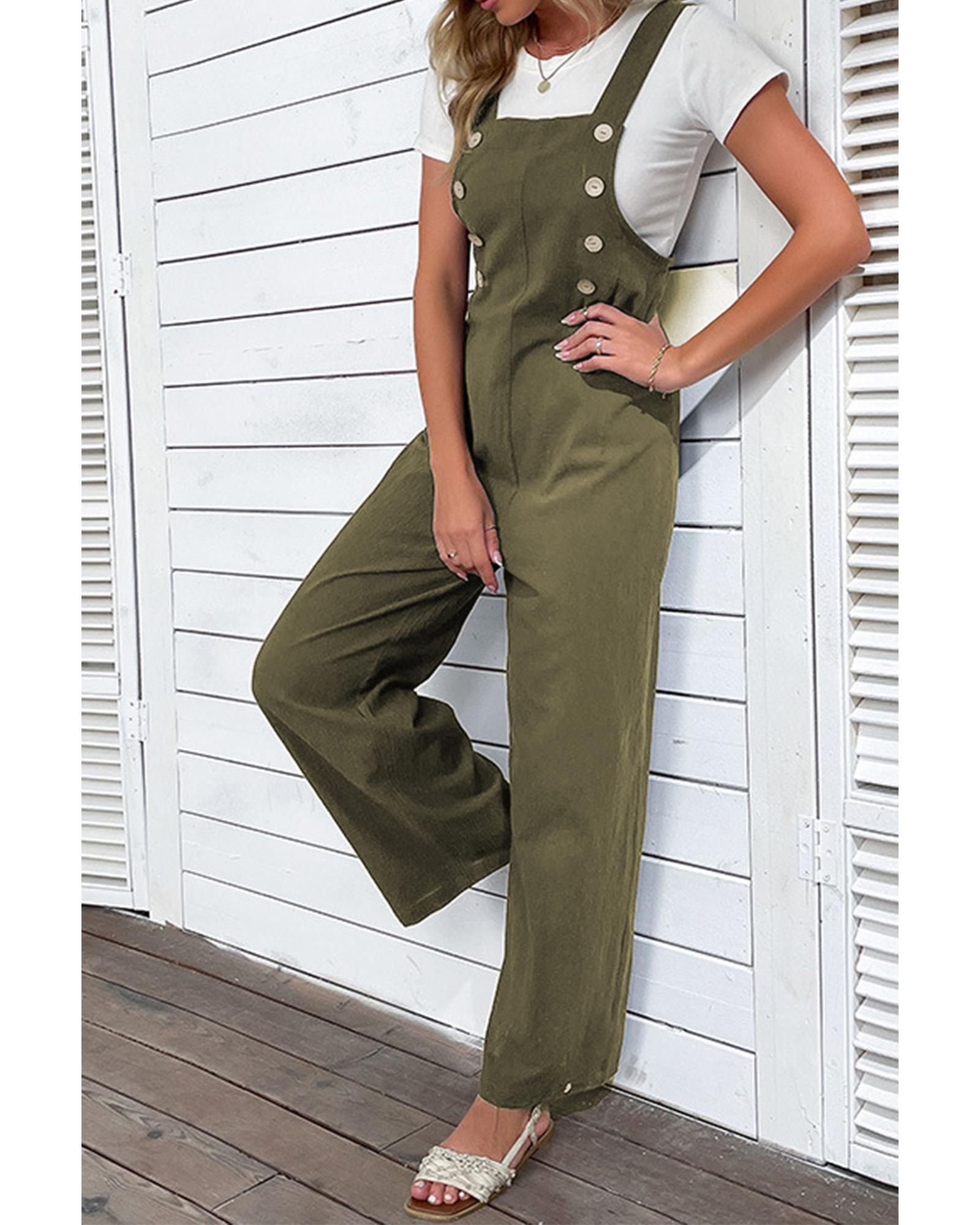 Jungle Green Solid Color Buttoned Straight Leg Overall - M 3