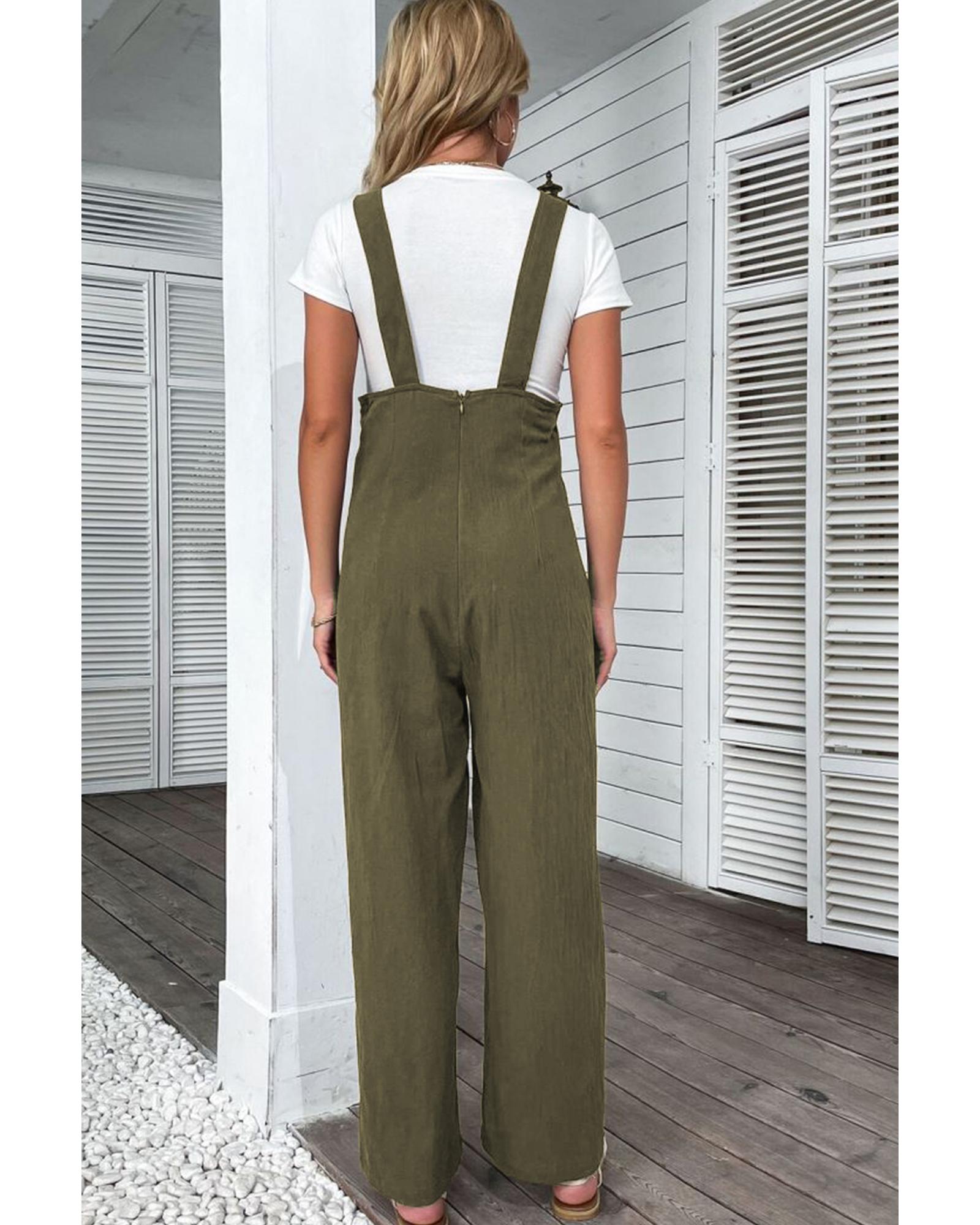 Jungle Green Solid Color Buttoned Straight Leg Overall - XL