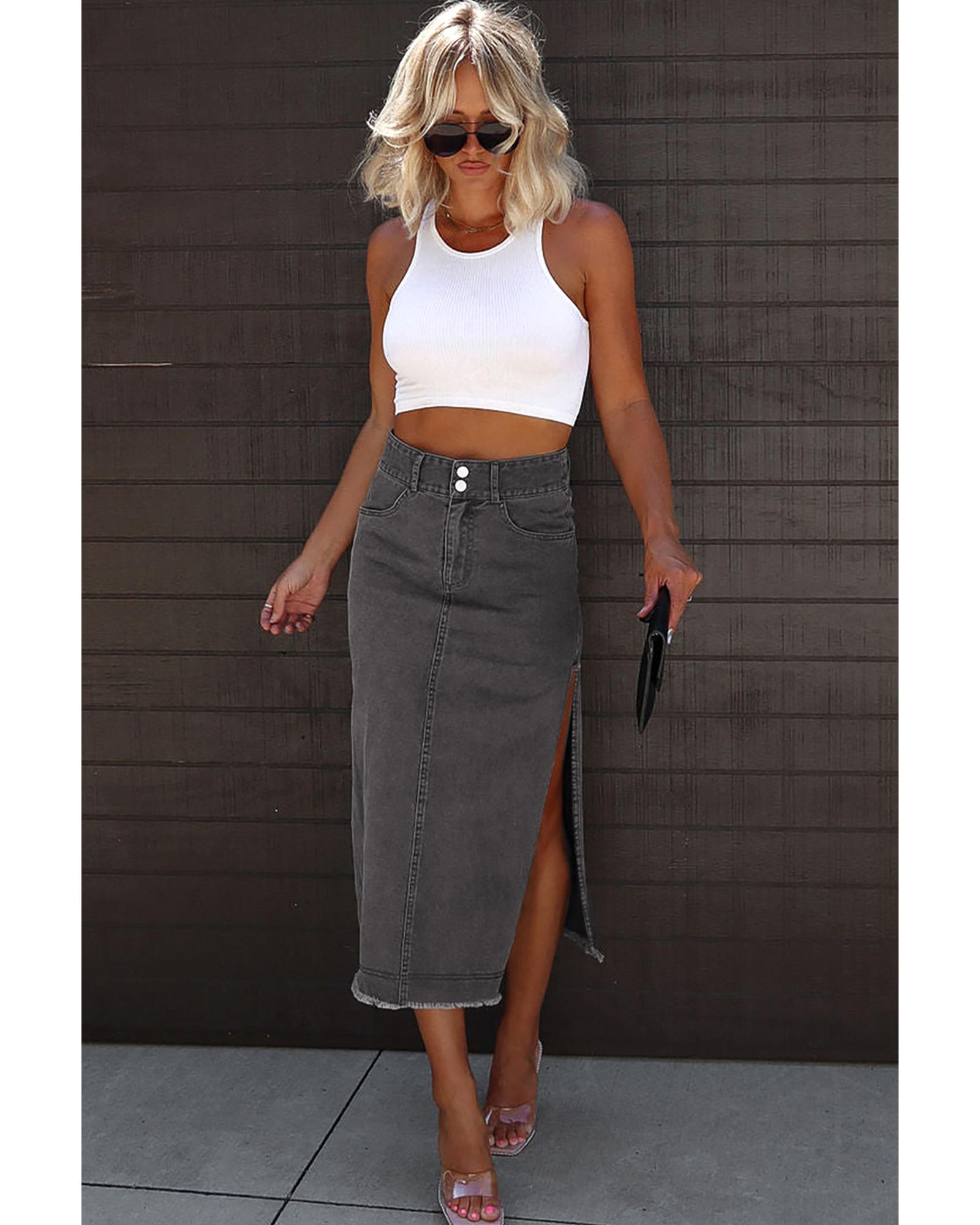 Black Raw Edge Side Slits Buttoned Midi Denim Skirt - L 7