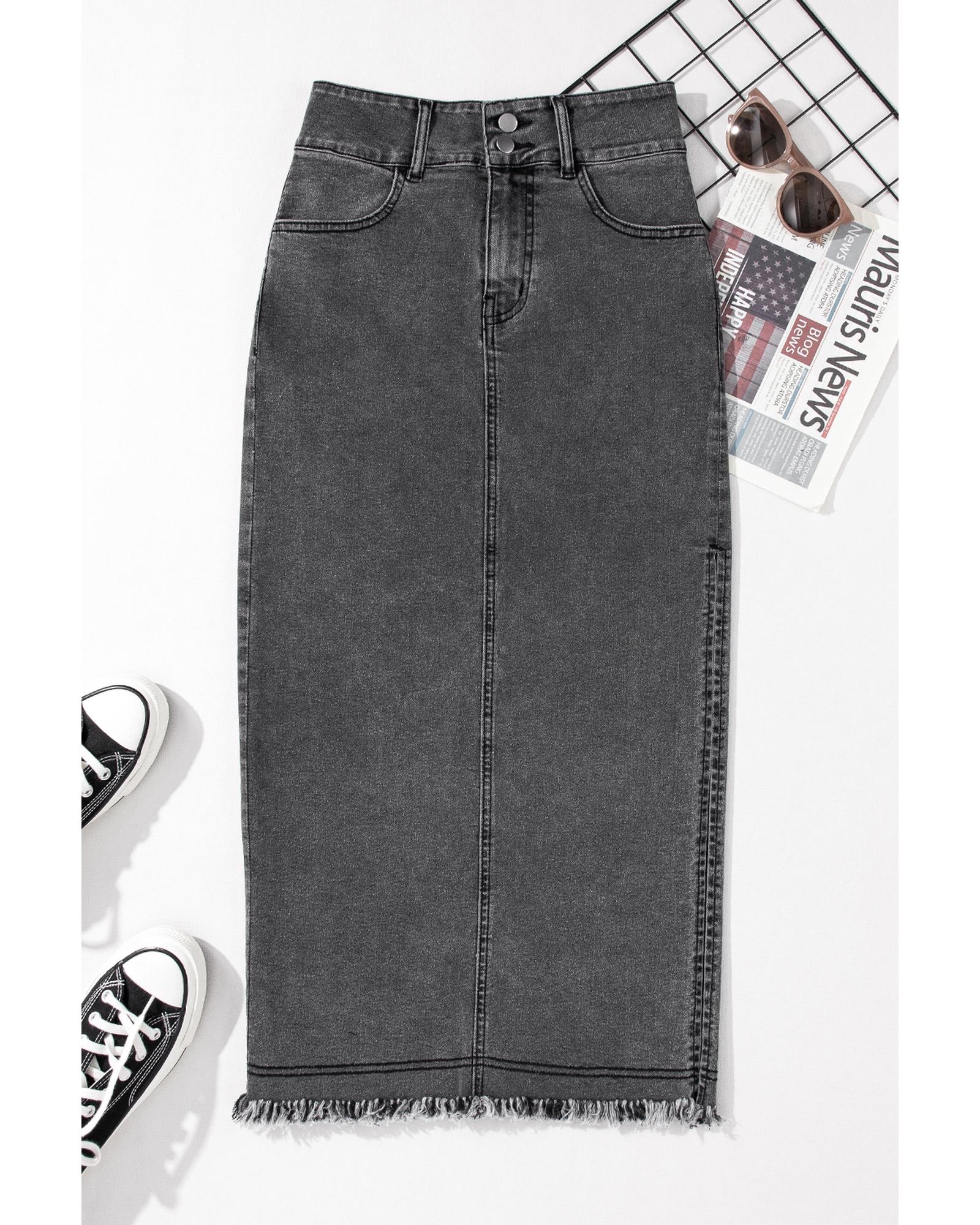 Black Raw Edge Side Slits Buttoned Midi Denim Skirt - L 8