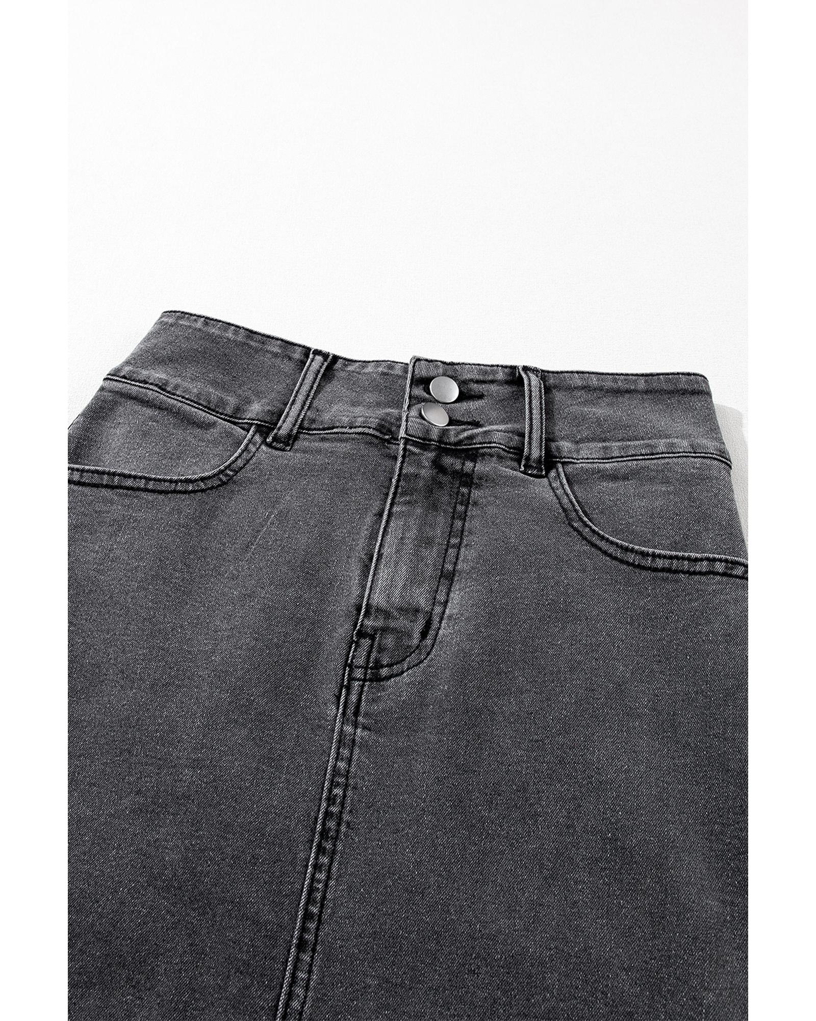 Black Raw Edge Side Slits Buttoned Midi Denim Skirt - XL