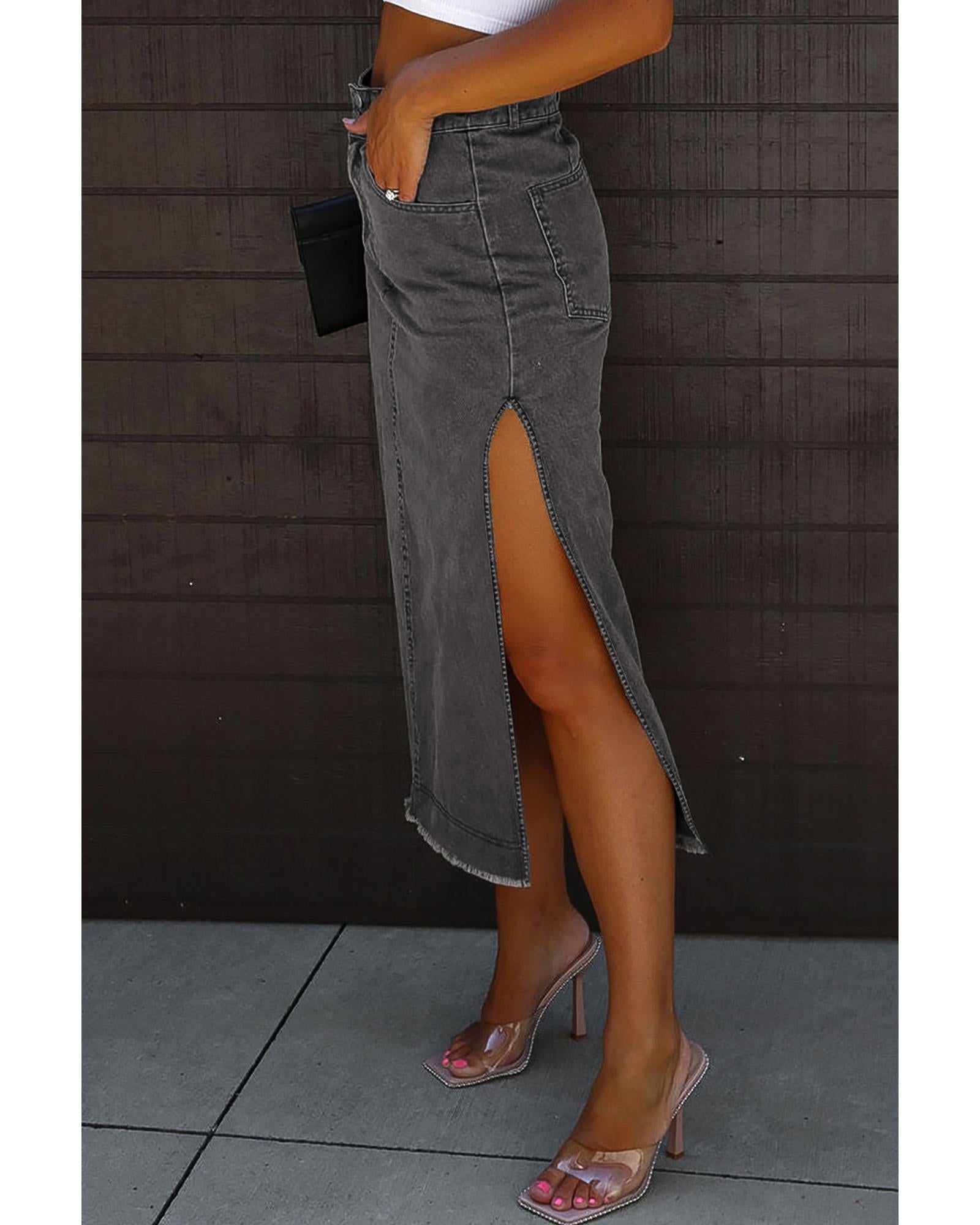 Black Raw Edge Side Slits Buttoned Midi Denim Skirt - XL