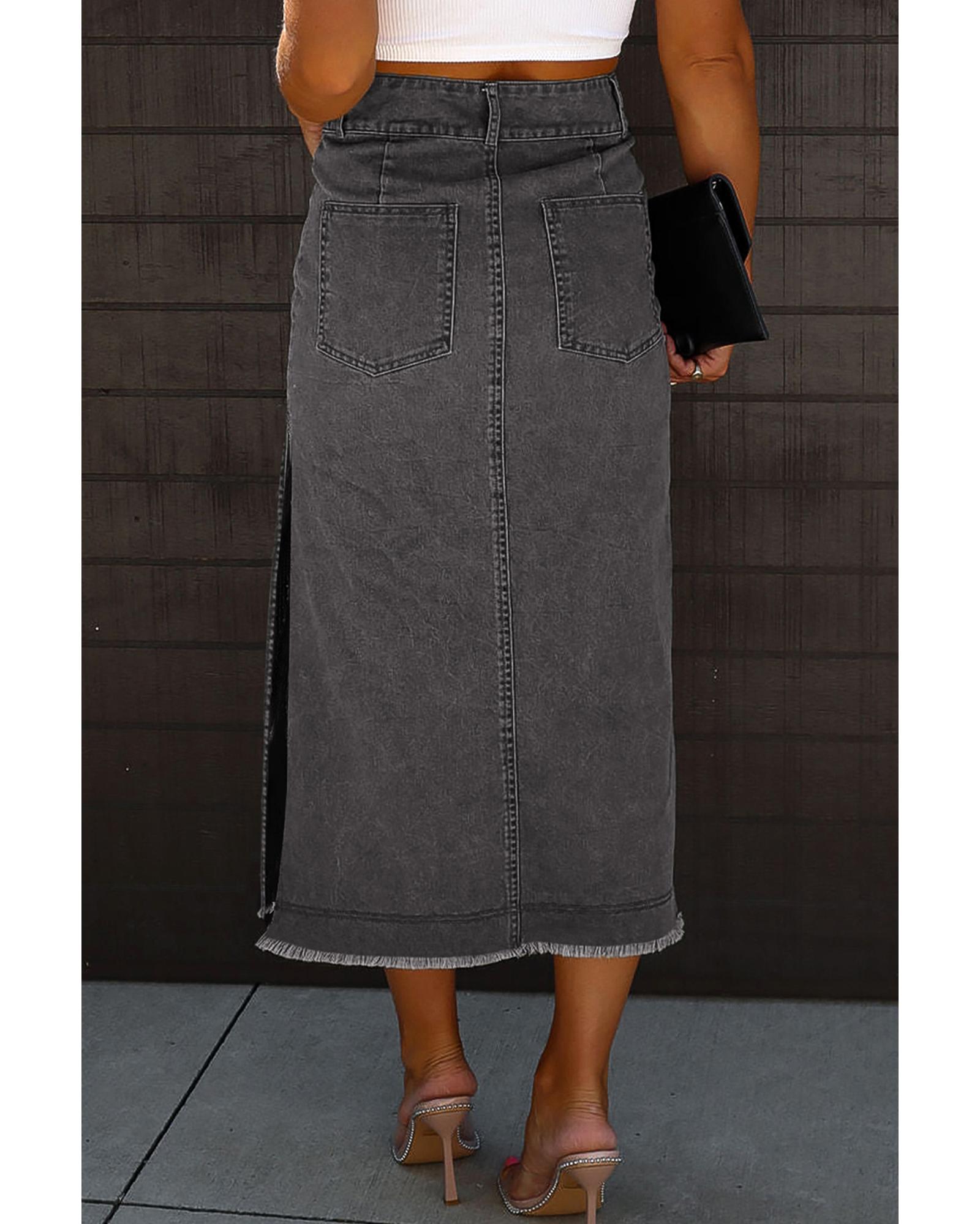 Black Raw Edge Side Slits Buttoned Midi Denim Skirt - XL 3