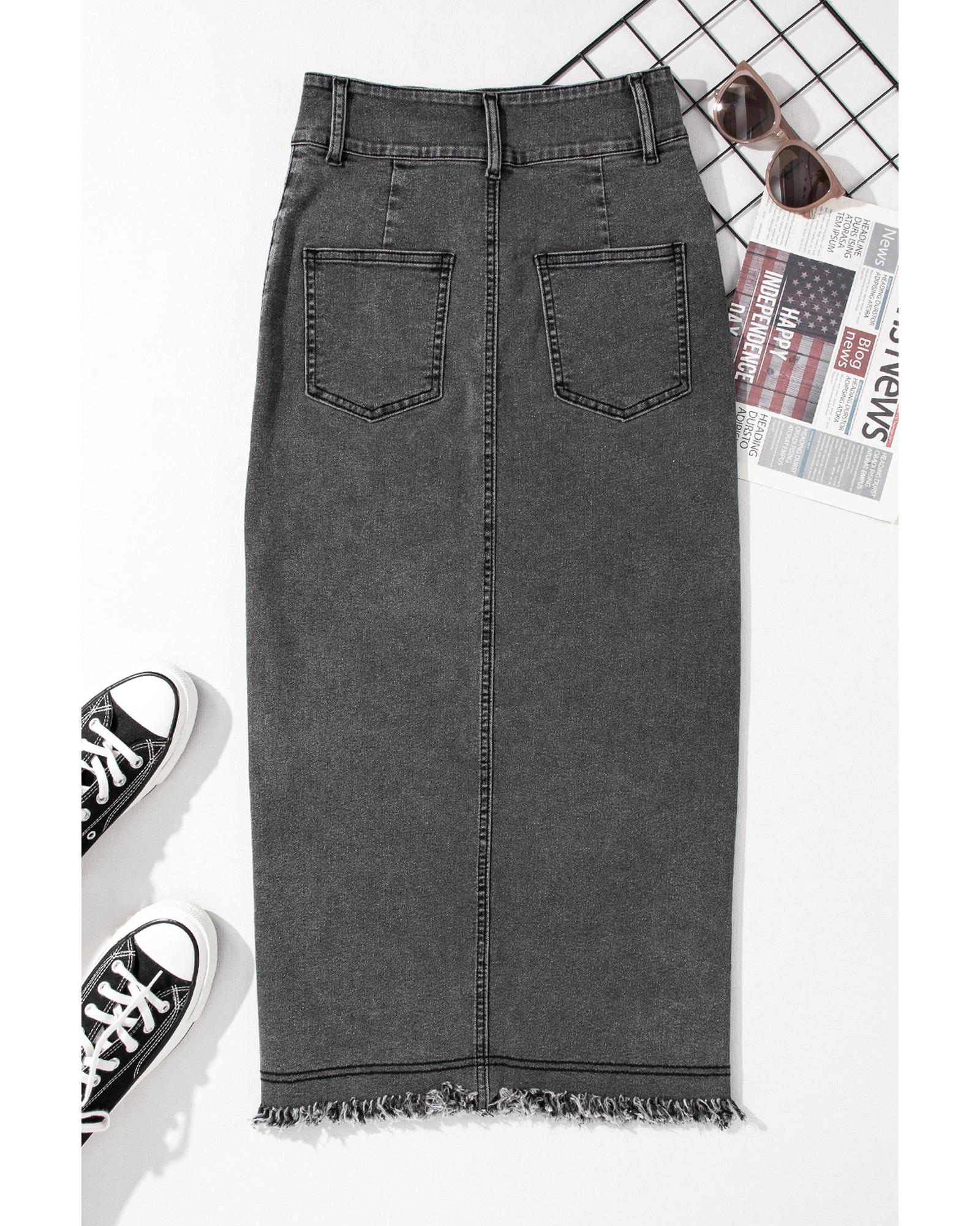 Black Raw Edge Side Slits Buttoned Midi Denim Skirt - XL 4
