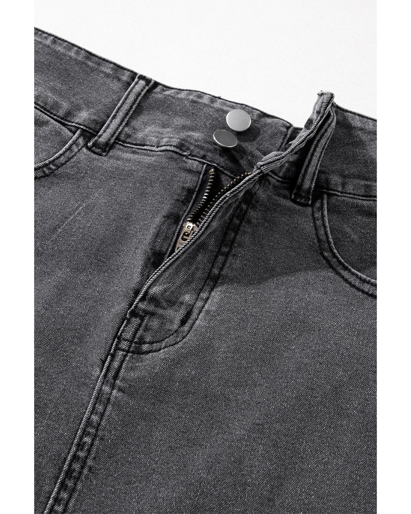 Black Raw Edge Side Slits Buttoned Midi Denim Skirt - XL 5