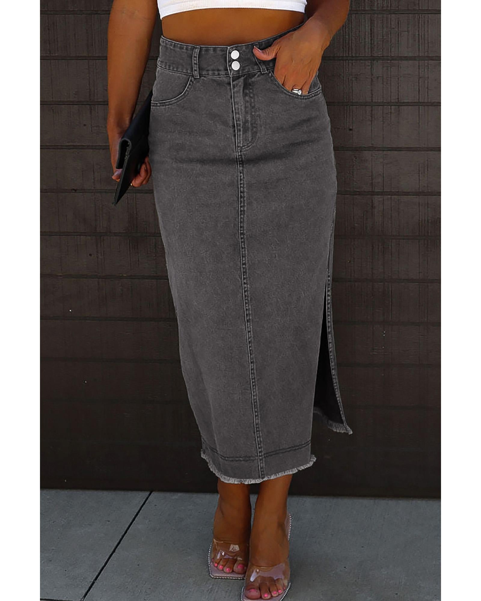 Black Raw Edge Side Slits Buttoned Midi Denim Skirt - XL 7