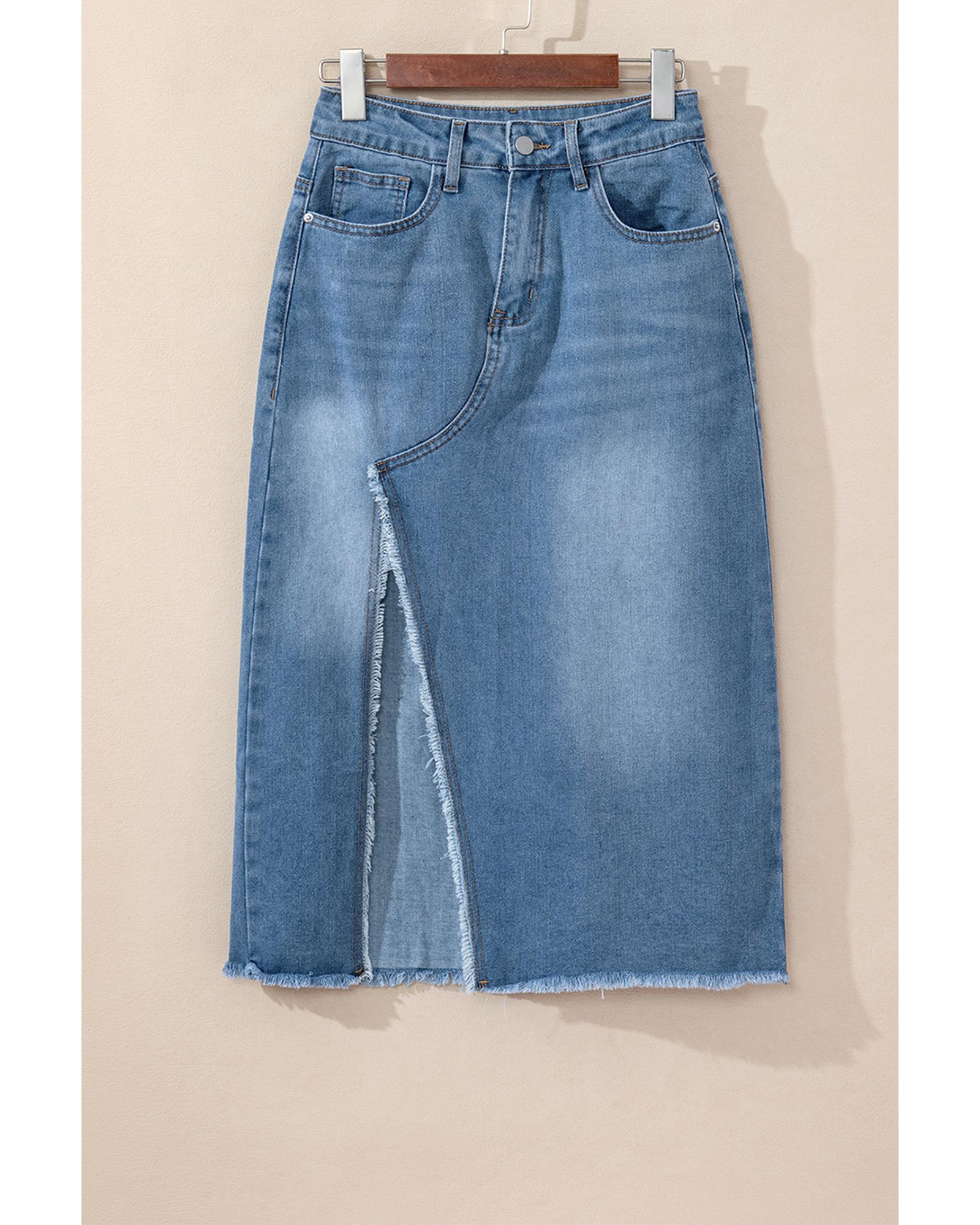Light Blue Frayed Slit Asymmetric Denim Midi Skirt - XL