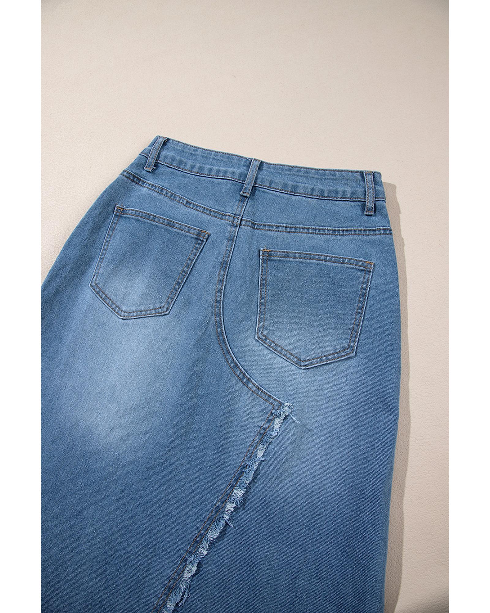 Light Blue Frayed Slit Asymmetric Denim Midi Skirt - XL 5