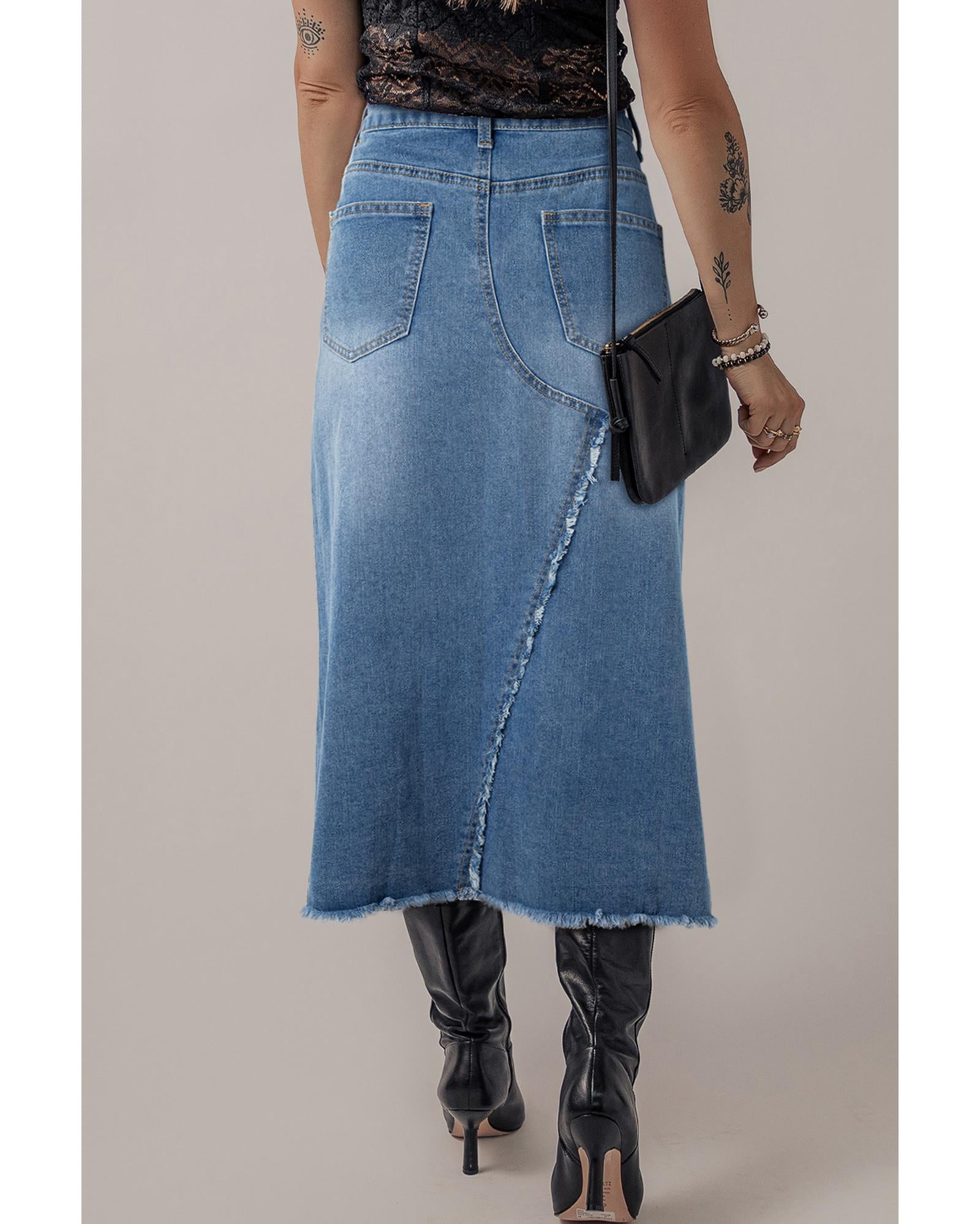 Light Blue Frayed Slit Asymmetric Denim Midi Skirt - XL 7