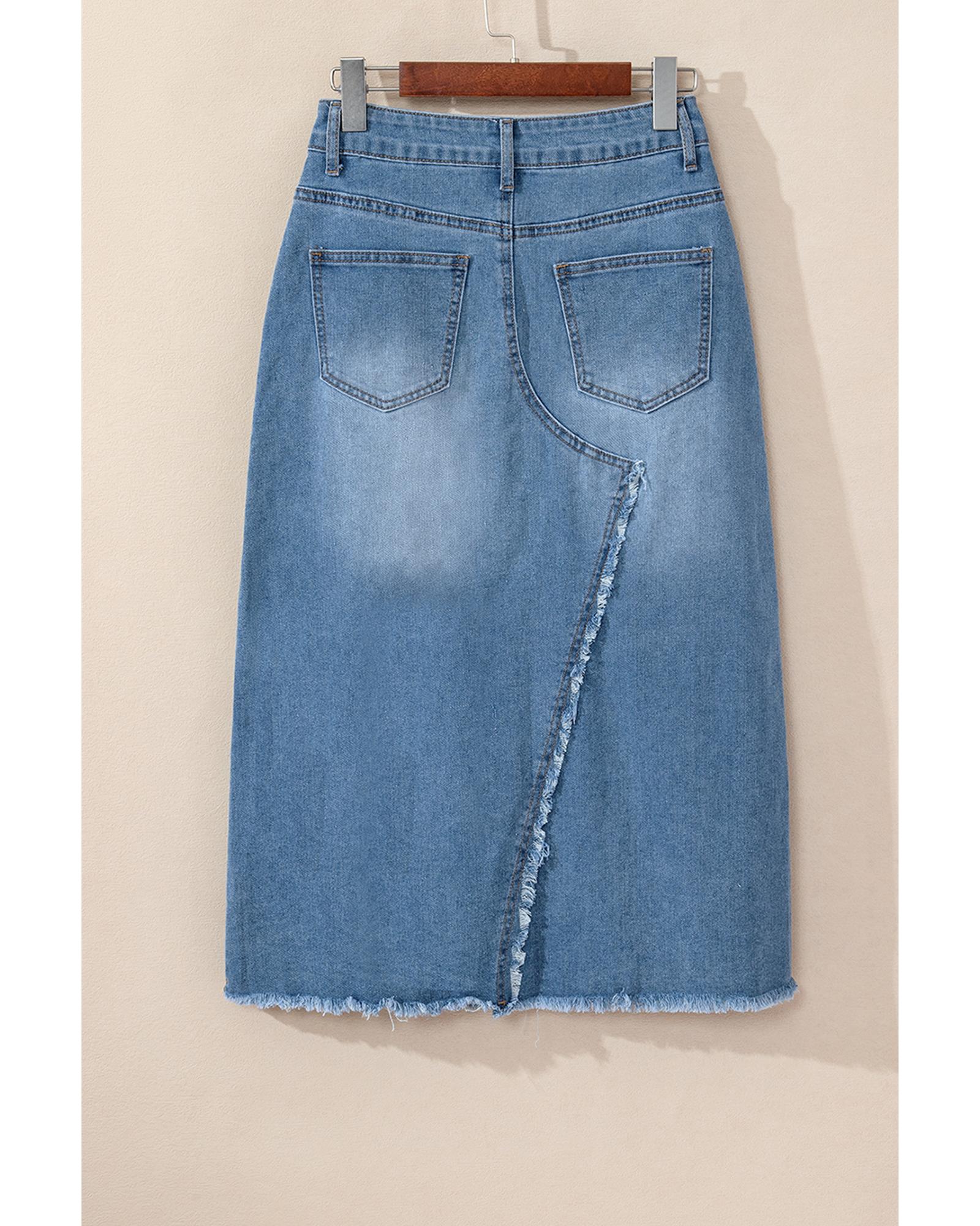 Light Blue Frayed Slit Asymmetric Denim Midi Skirt - XL 8