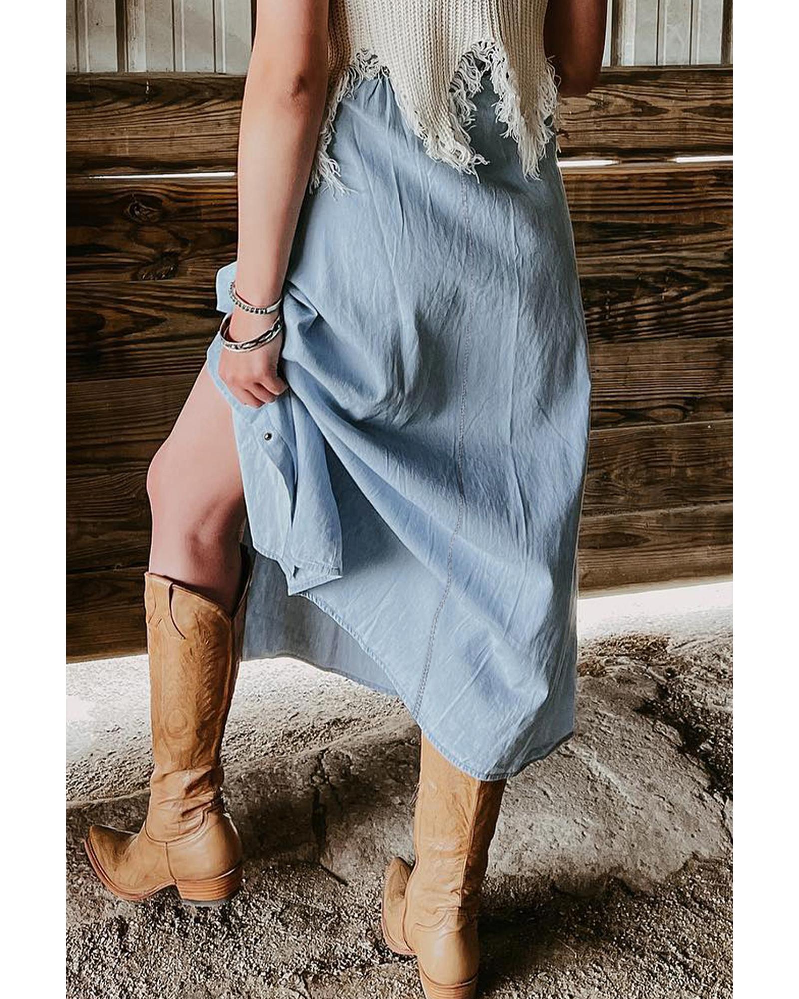 Mist Blue Fully Buttoned Long Denim Skirt - XL 3