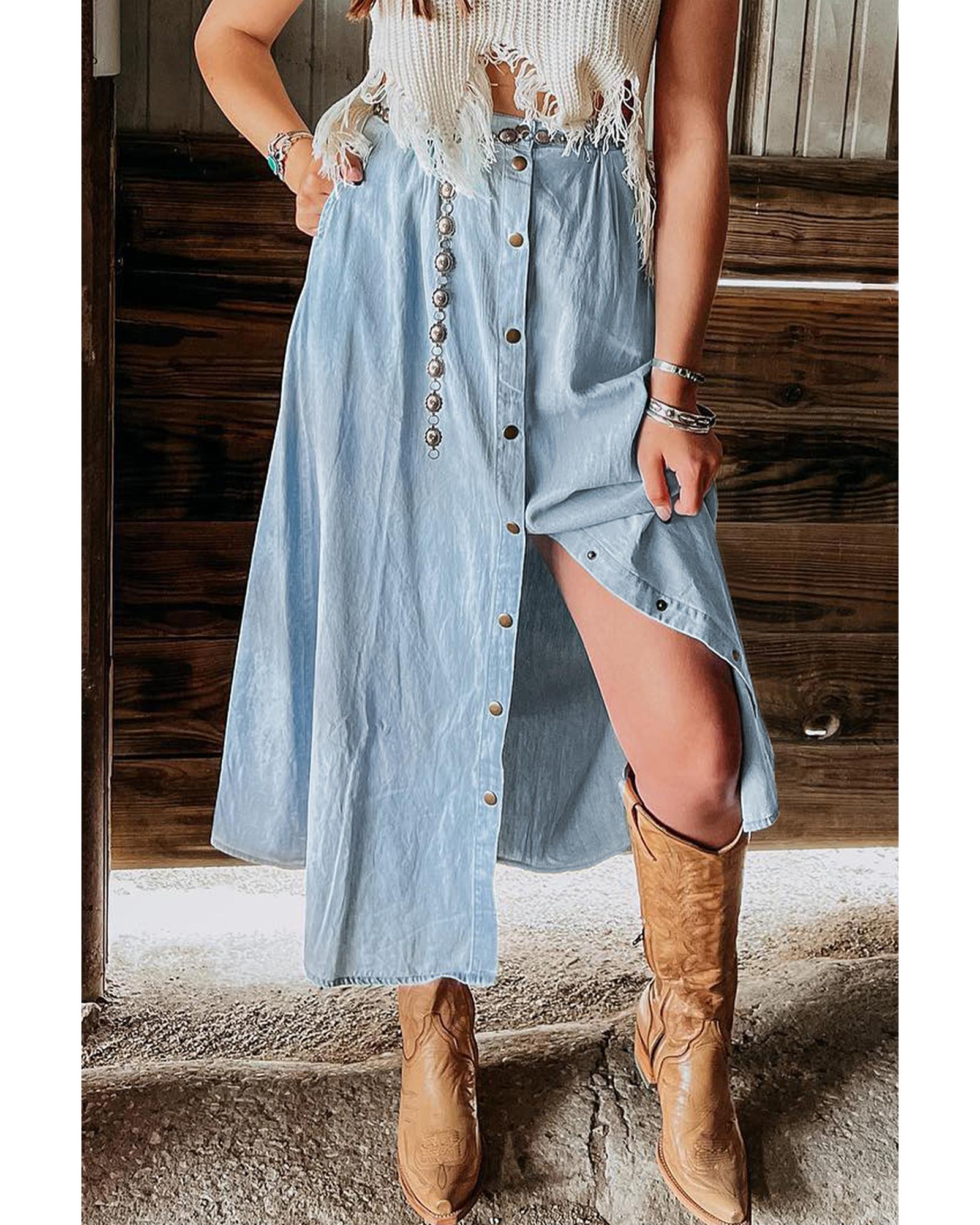 Mist Blue Fully Buttoned Long Denim Skirt - XL 4