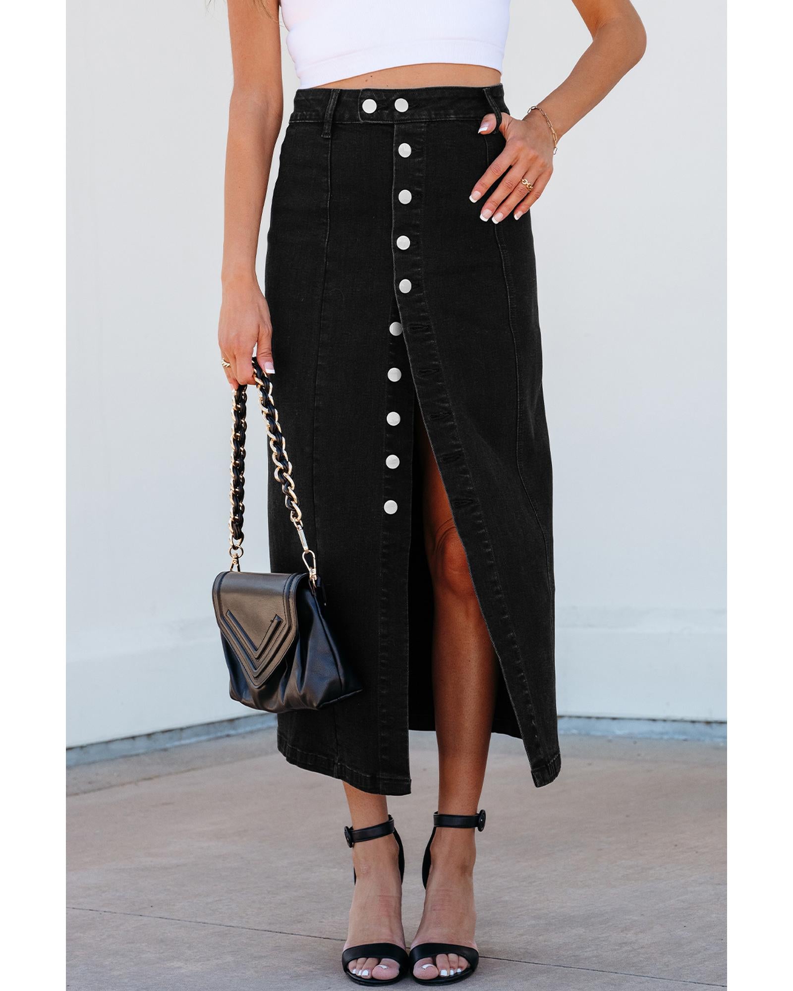 Black Button Fly Side Split High Waist Denim Midi Skirt - XL 3