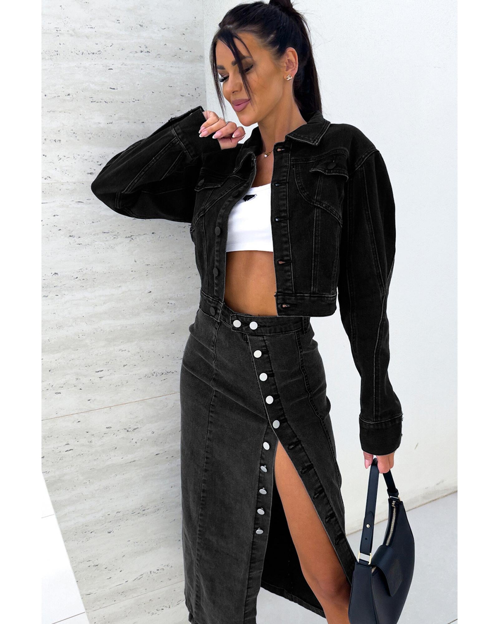 Black Button Fly Side Split High Waist Denim Midi Skirt - XL 6