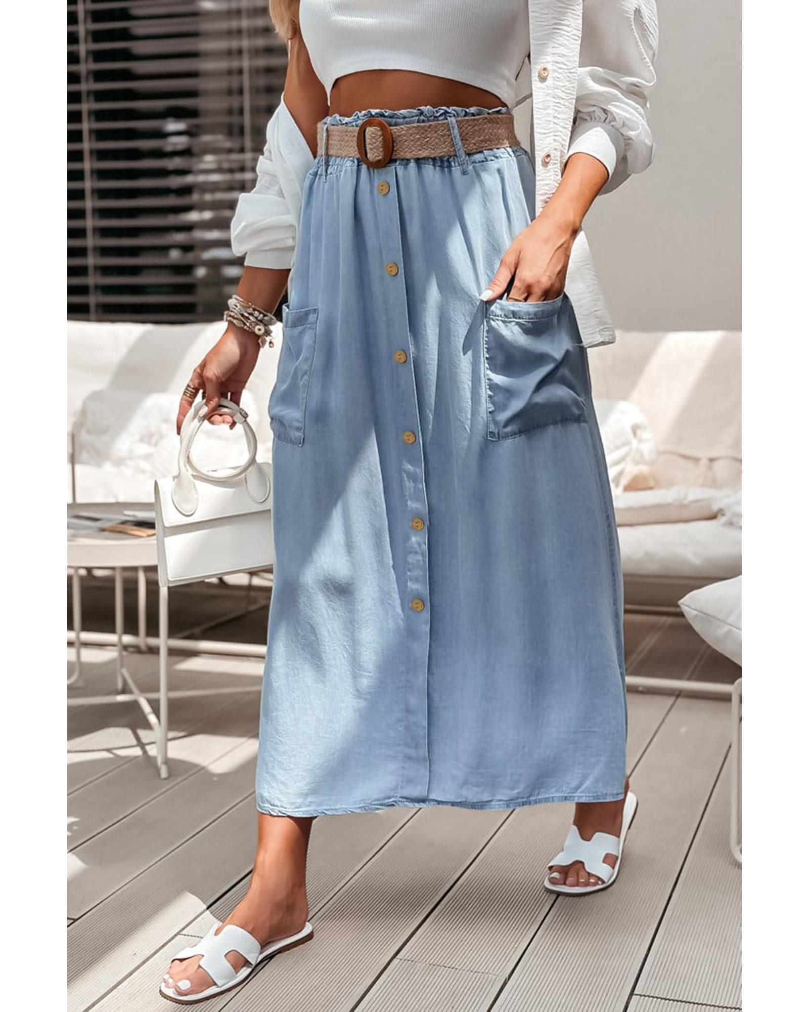 Beau Blue Buttoned Front High Waist Side Pockets Denim Maxi Skirt - L 4