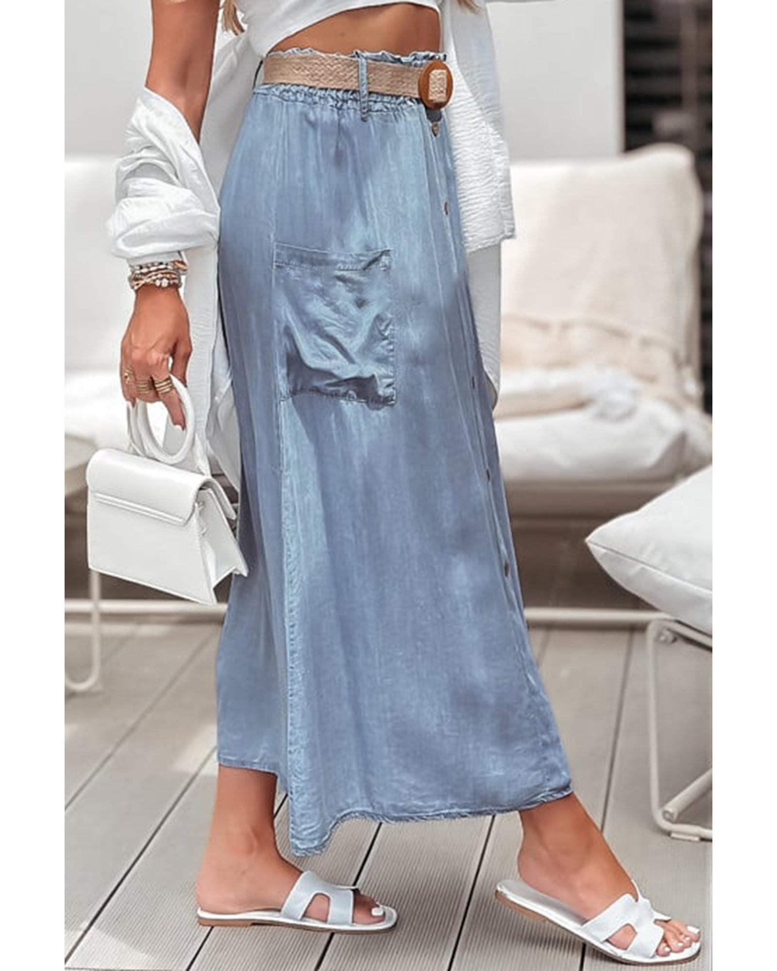 Beau Blue Buttoned Front High Waist Side Pockets Denim Maxi Skirt - XL 3