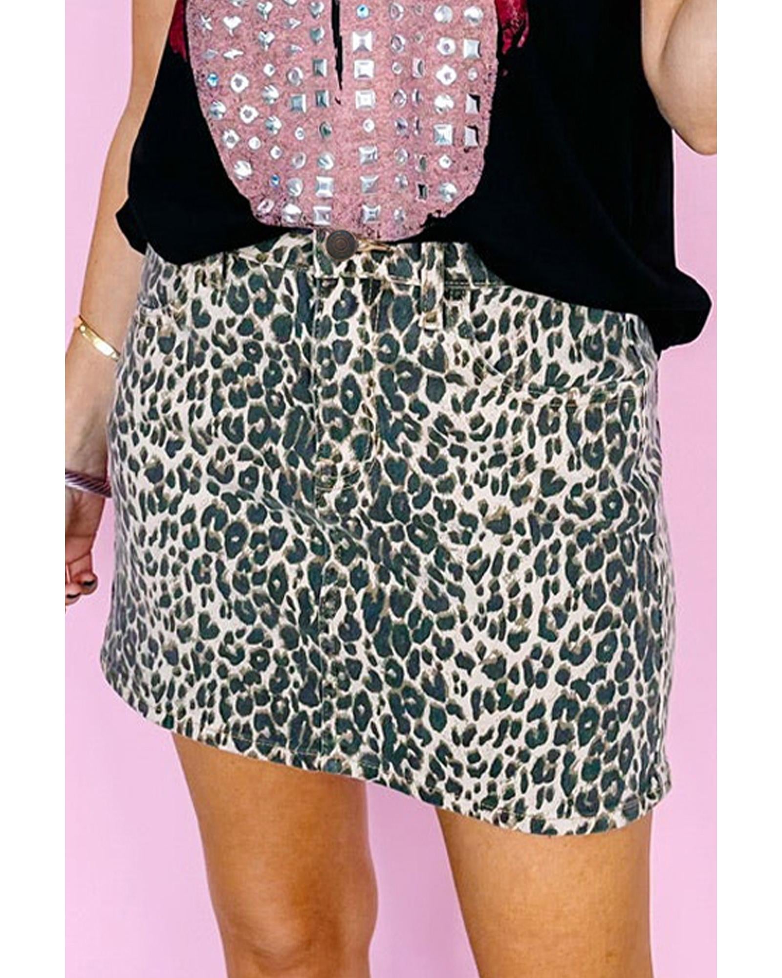 Khaki Leopard Denim Mini Skirt - 12 US 4