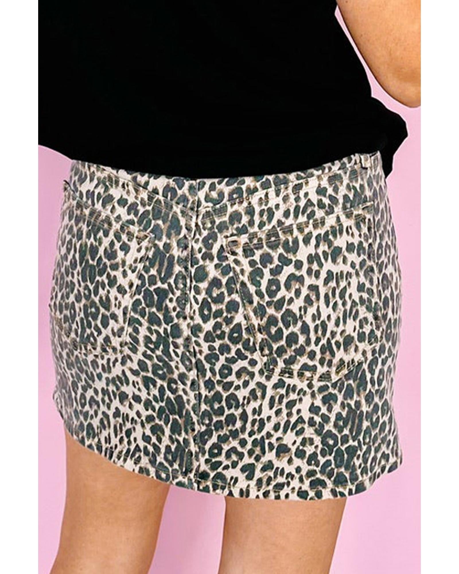 Khaki Leopard Denim Mini Skirt - 16 US 5