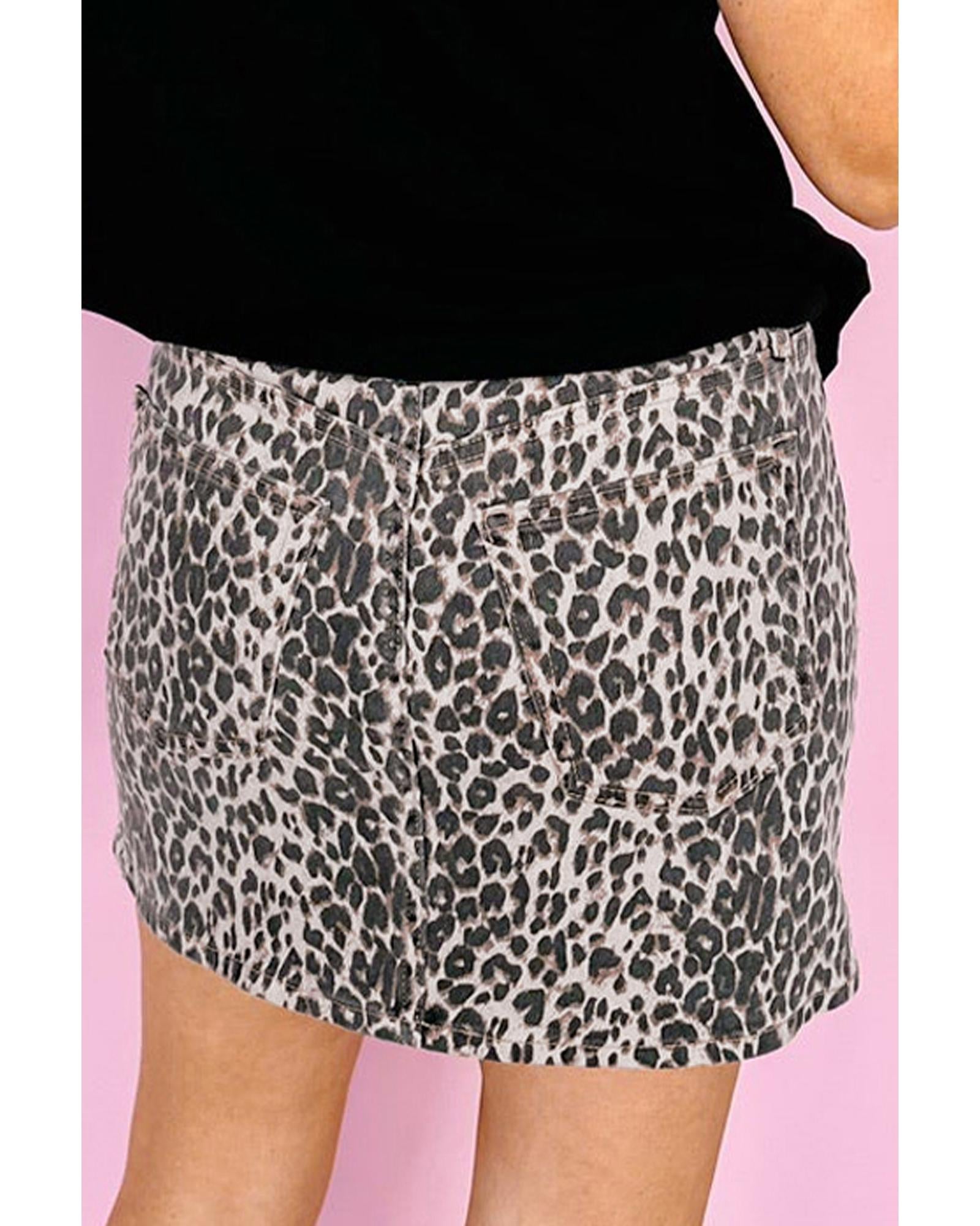 Khaki Leopard Denim Mini Skirt - 4 US