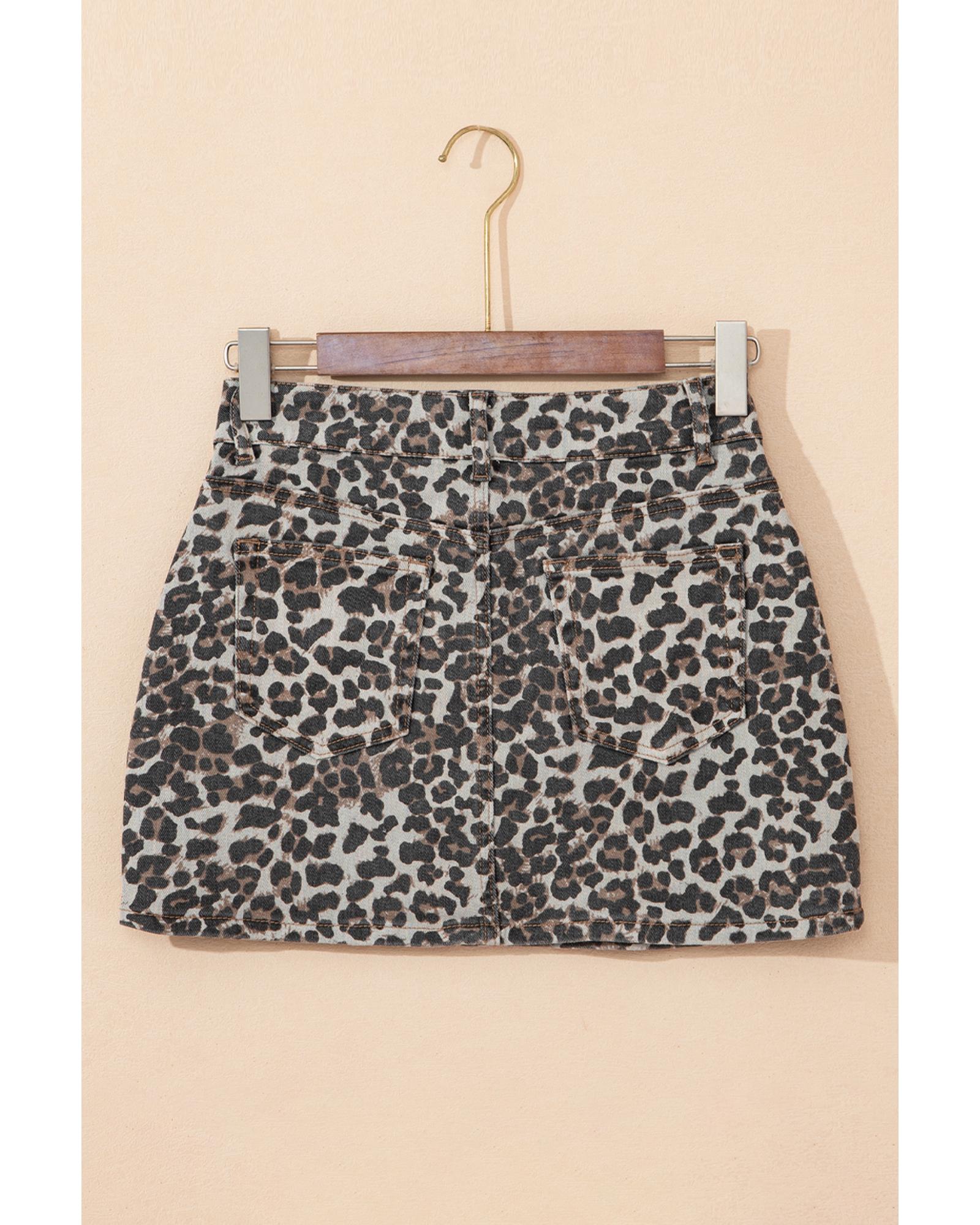 Khaki Leopard Denim Mini Skirt - 4 US 3