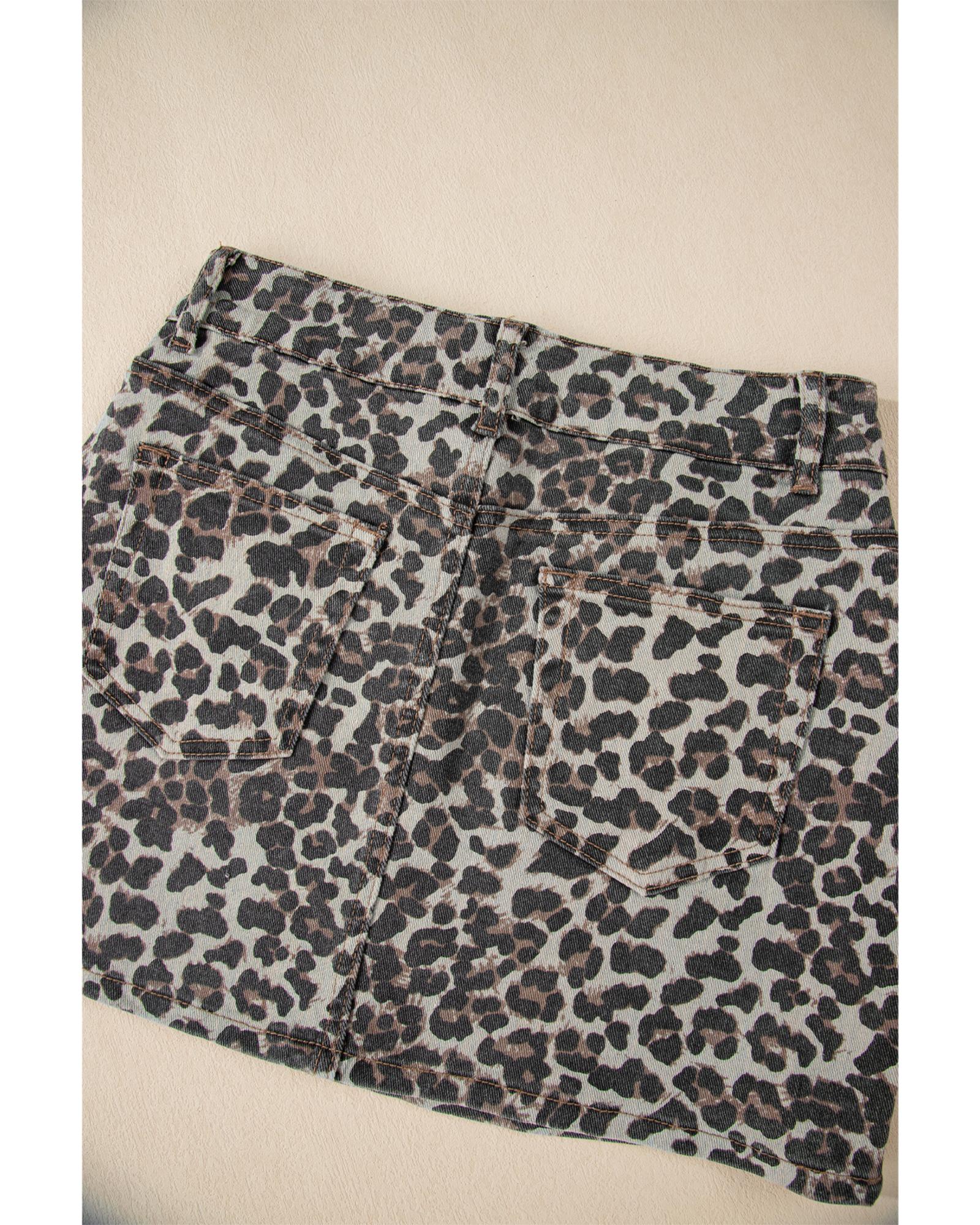 Khaki Leopard Denim Mini Skirt - 4 US 6