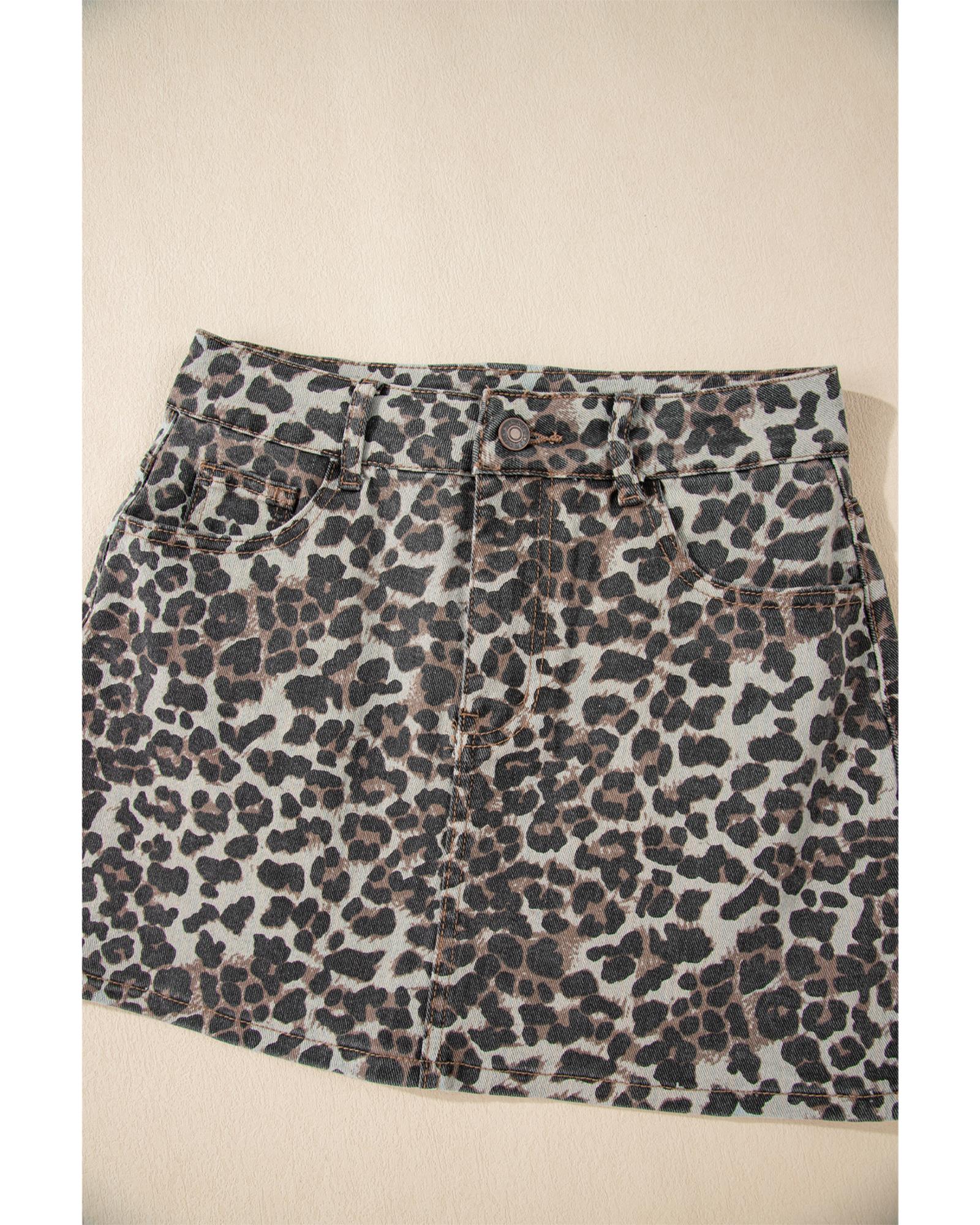 Khaki Leopard Denim Mini Skirt - 4 US 8