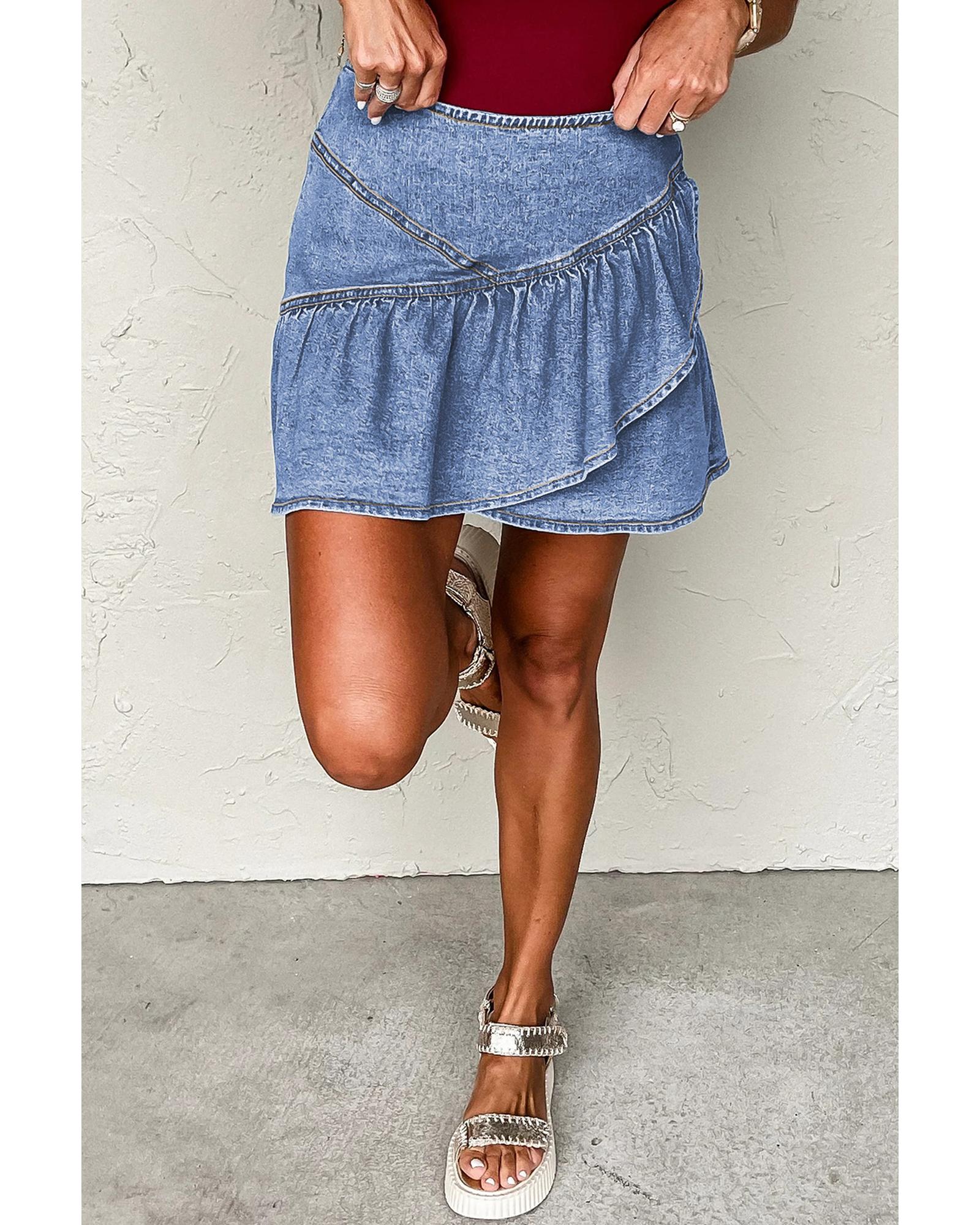 Beau Blue Asymmetric Ruffle Overlay Denim Mini Skirt - M