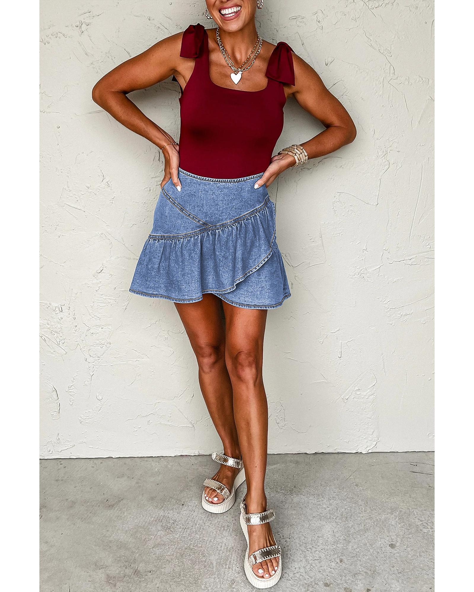 Beau Blue Asymmetric Ruffle Overlay Denim Mini Skirt - XL 4