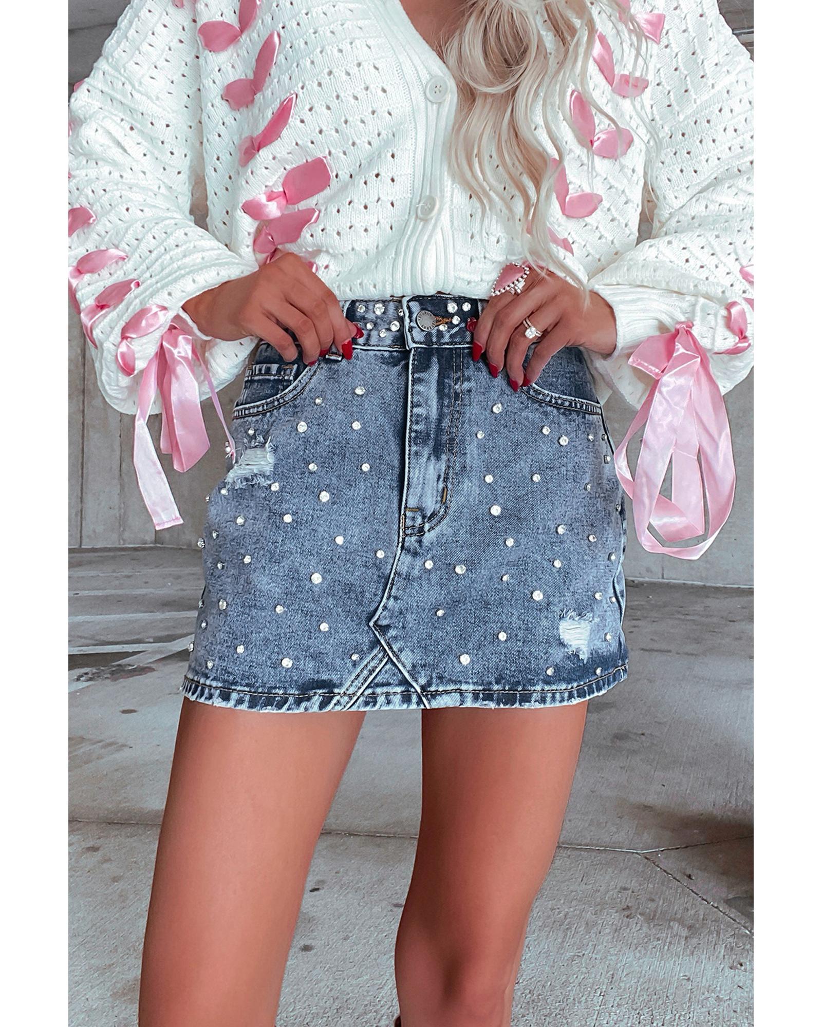 Dusk Blue Rhinestone Distressed Denim High Waist Mini Skirt - M 8