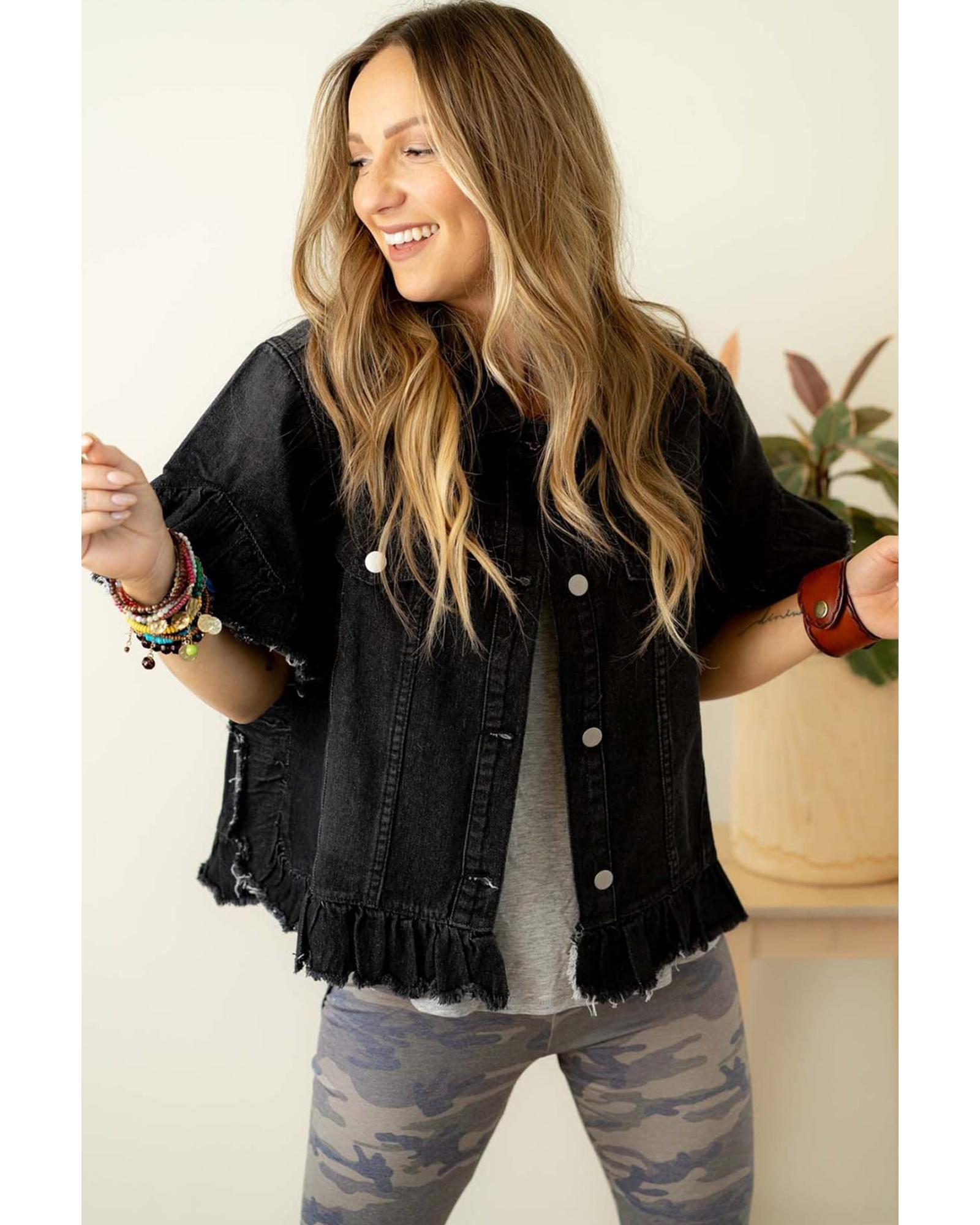 Black Raw Edge Ruffled Short Sleeve Denim Jacket - S