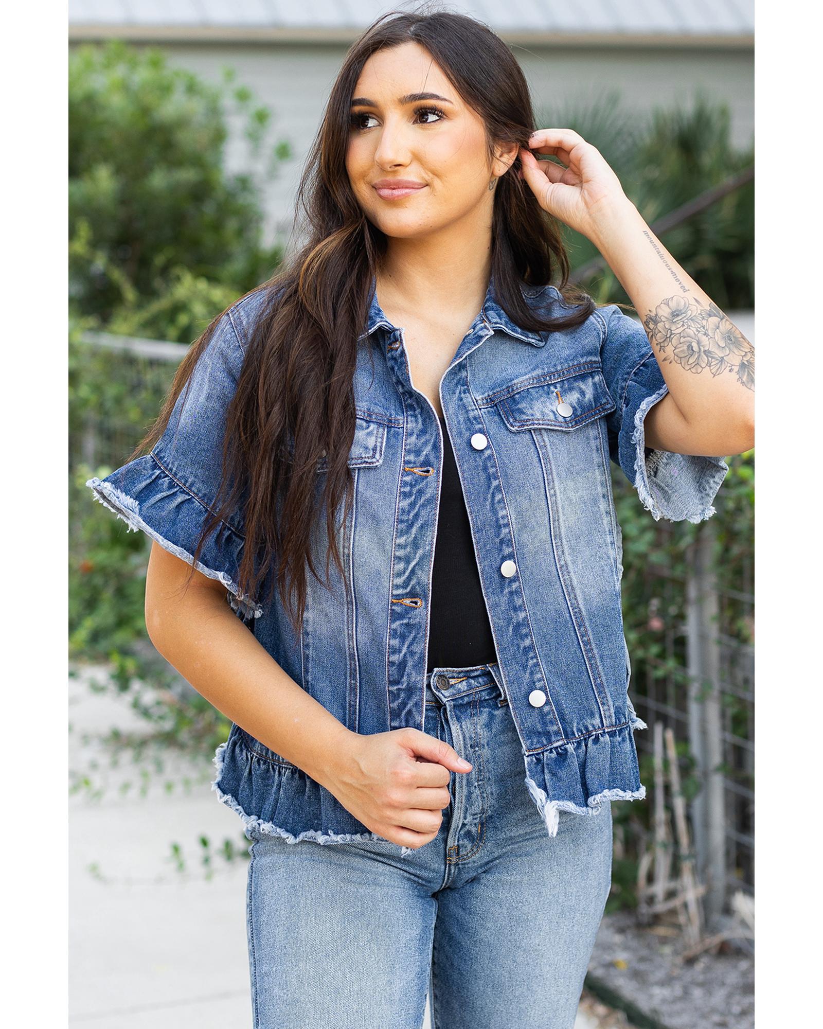 Peacock Blue Raw Edge Ruffled Short Sleeve Denim Jacket - S 3