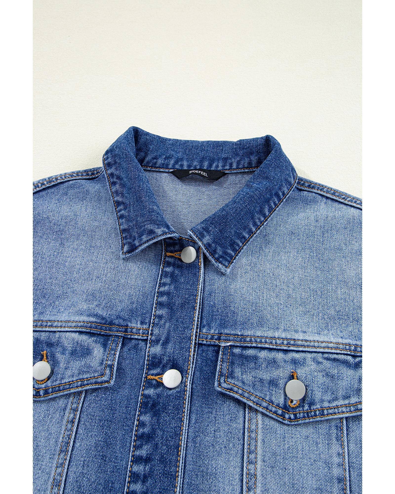 Peacock Blue Raw Edge Ruffled Short Sleeve Denim Jacket - S 5