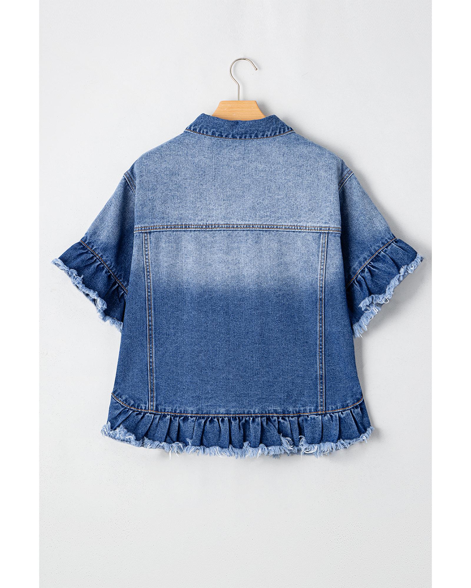Peacock Blue Raw Edge Ruffled Short Sleeve Denim Jacket - S 6