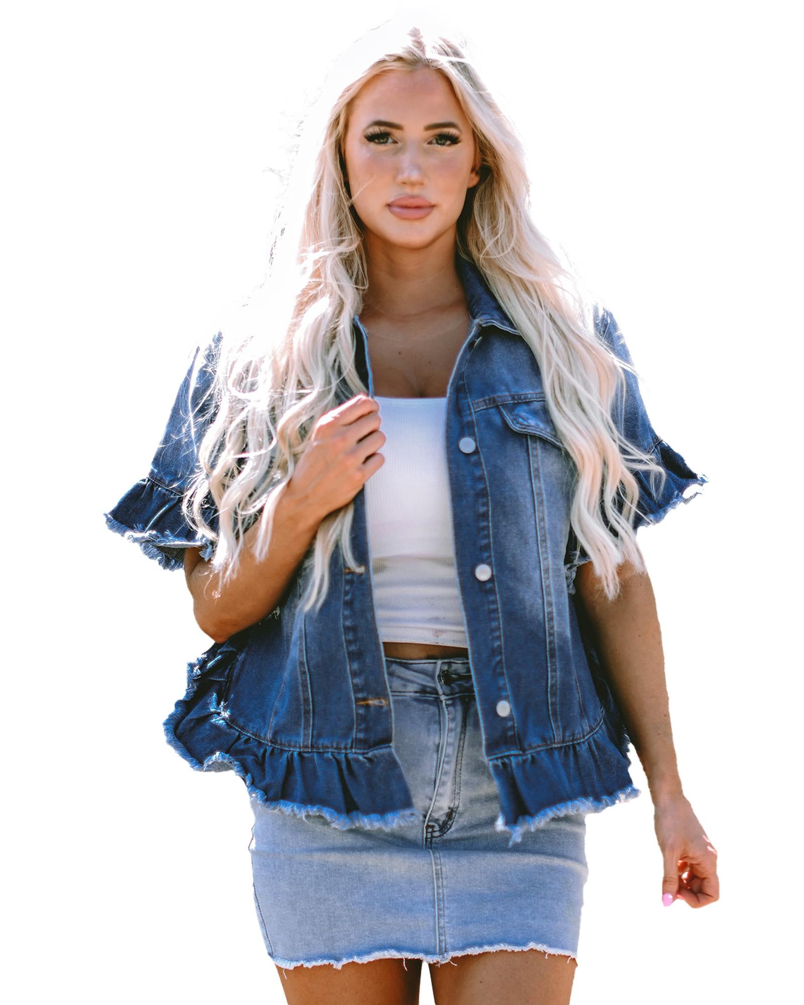 Peacock Blue Raw Edge Ruffled Short Sleeve Denim Jacket - S 7
