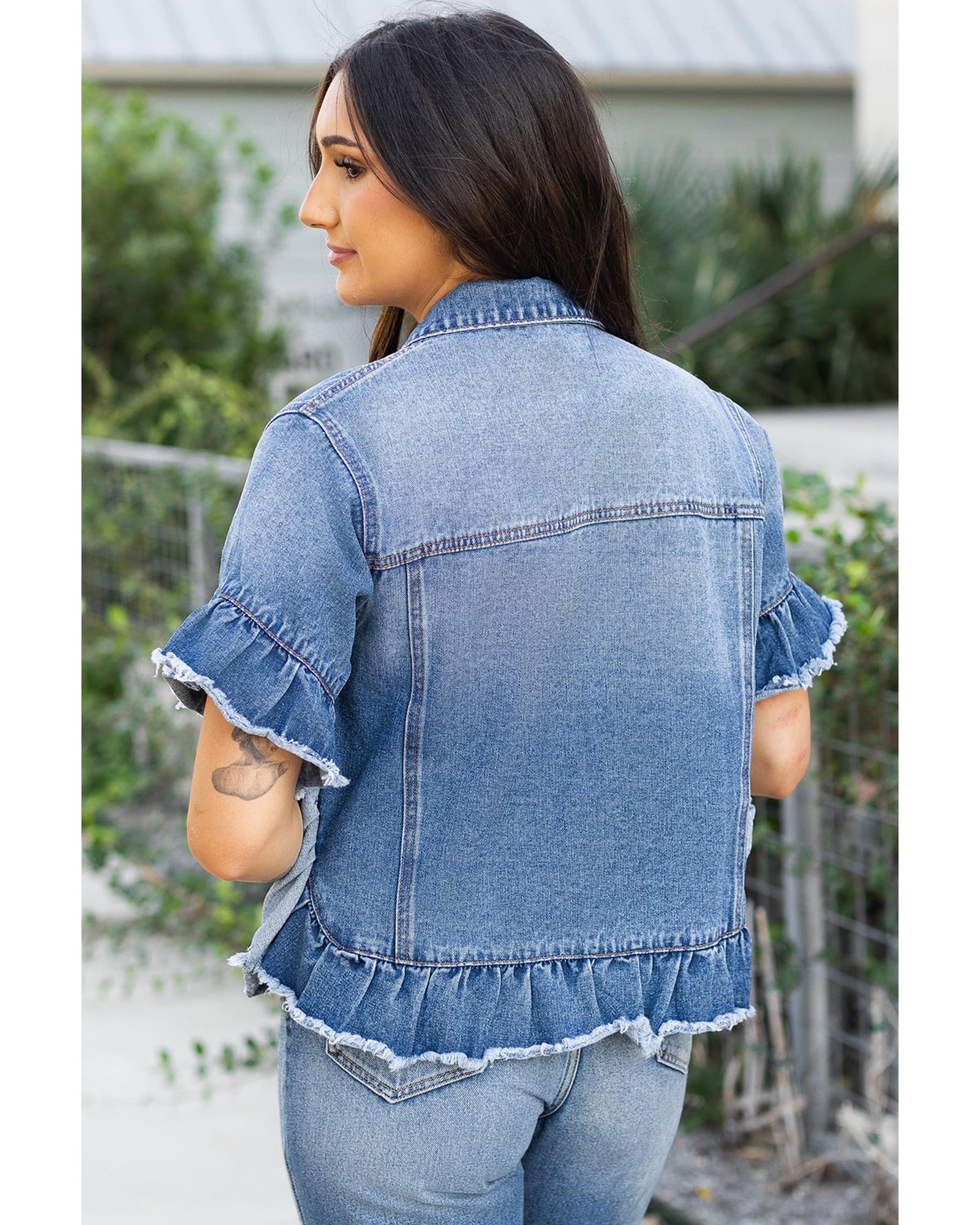 Peacock Blue Raw Edge Ruffled Short Sleeve Denim Jacket - S 8