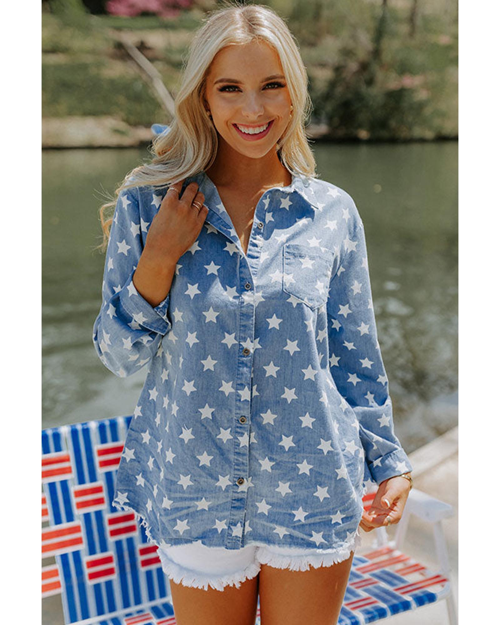 Sky Blue Star Print Light Wash Raw Hem Denim Jacket - L 3