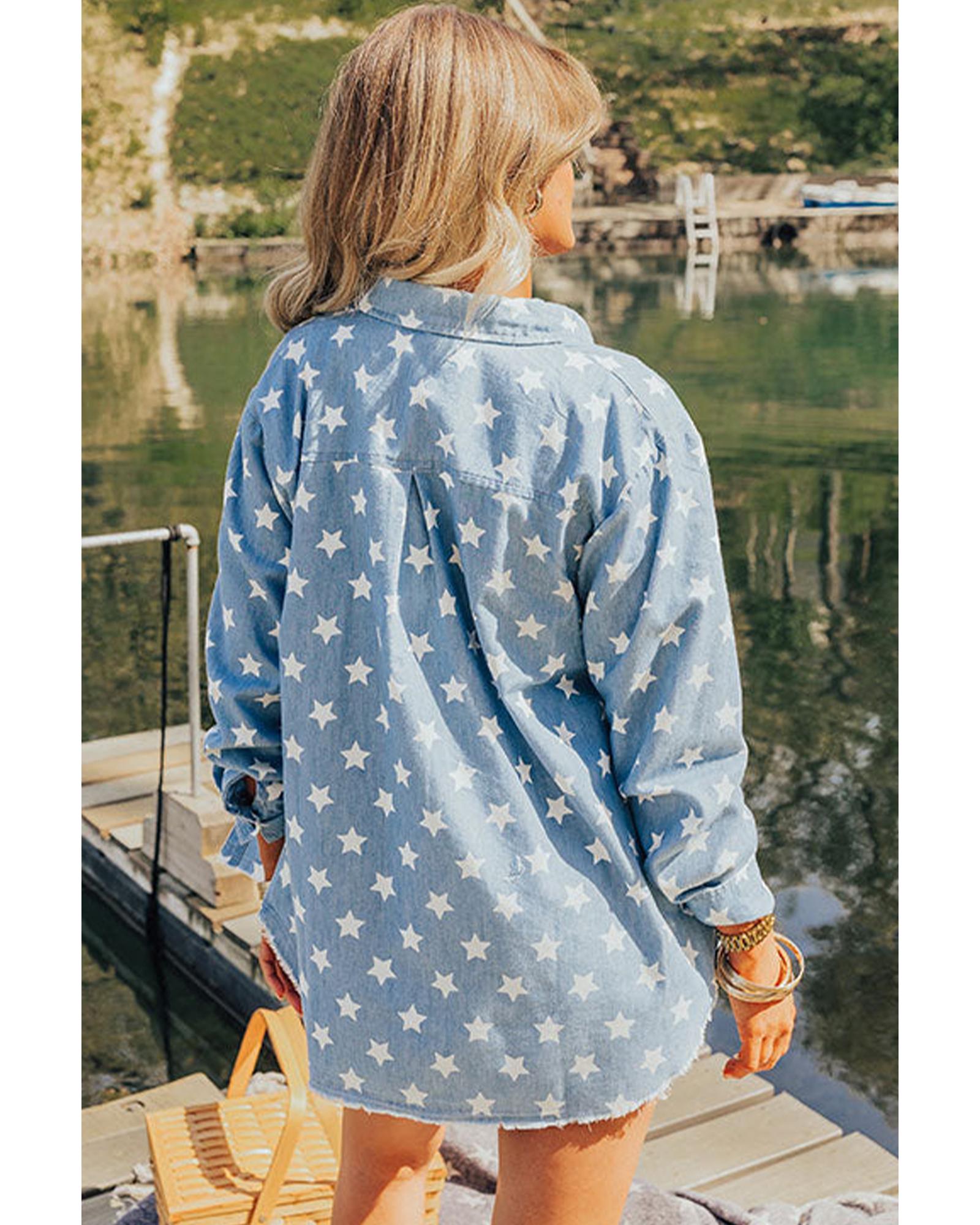 Sky Blue Star Print Light Wash Raw Hem Denim Jacket - S 7