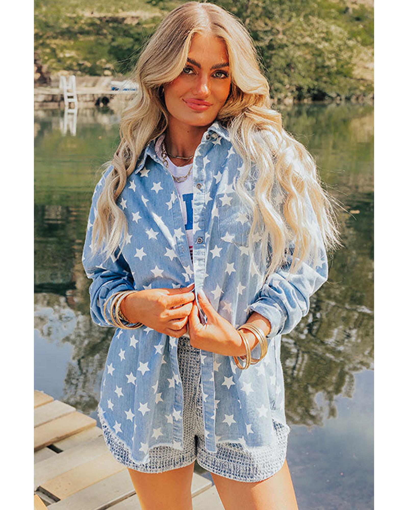 Sky Blue Star Print Light Wash Raw Hem Denim Jacket - XL 3