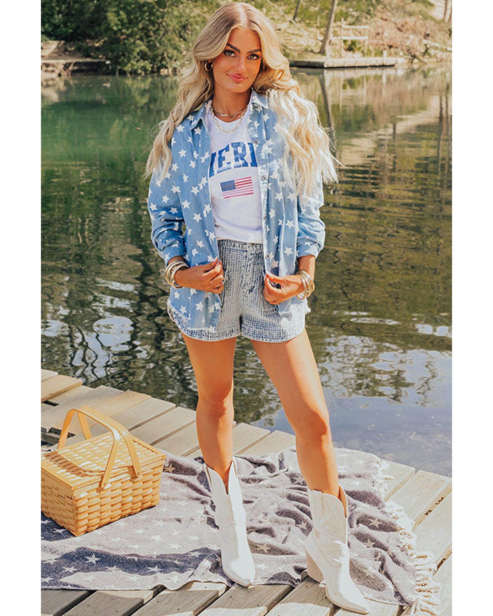 Sky Blue Star Print Light Wash Raw Hem Denim Jacket - XL 6