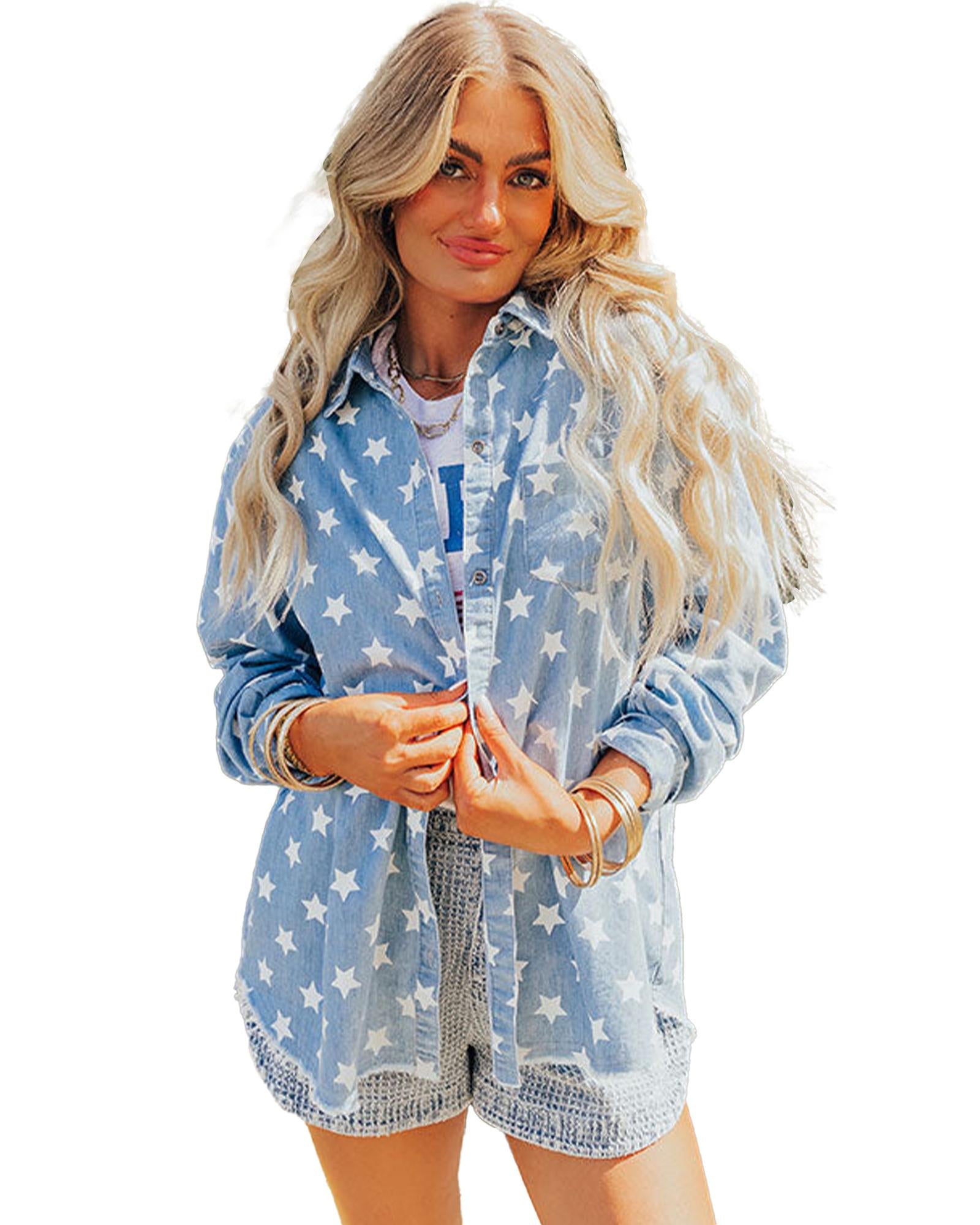 Sky Blue Star Print Light Wash Raw Hem Denim Jacket - XL 8