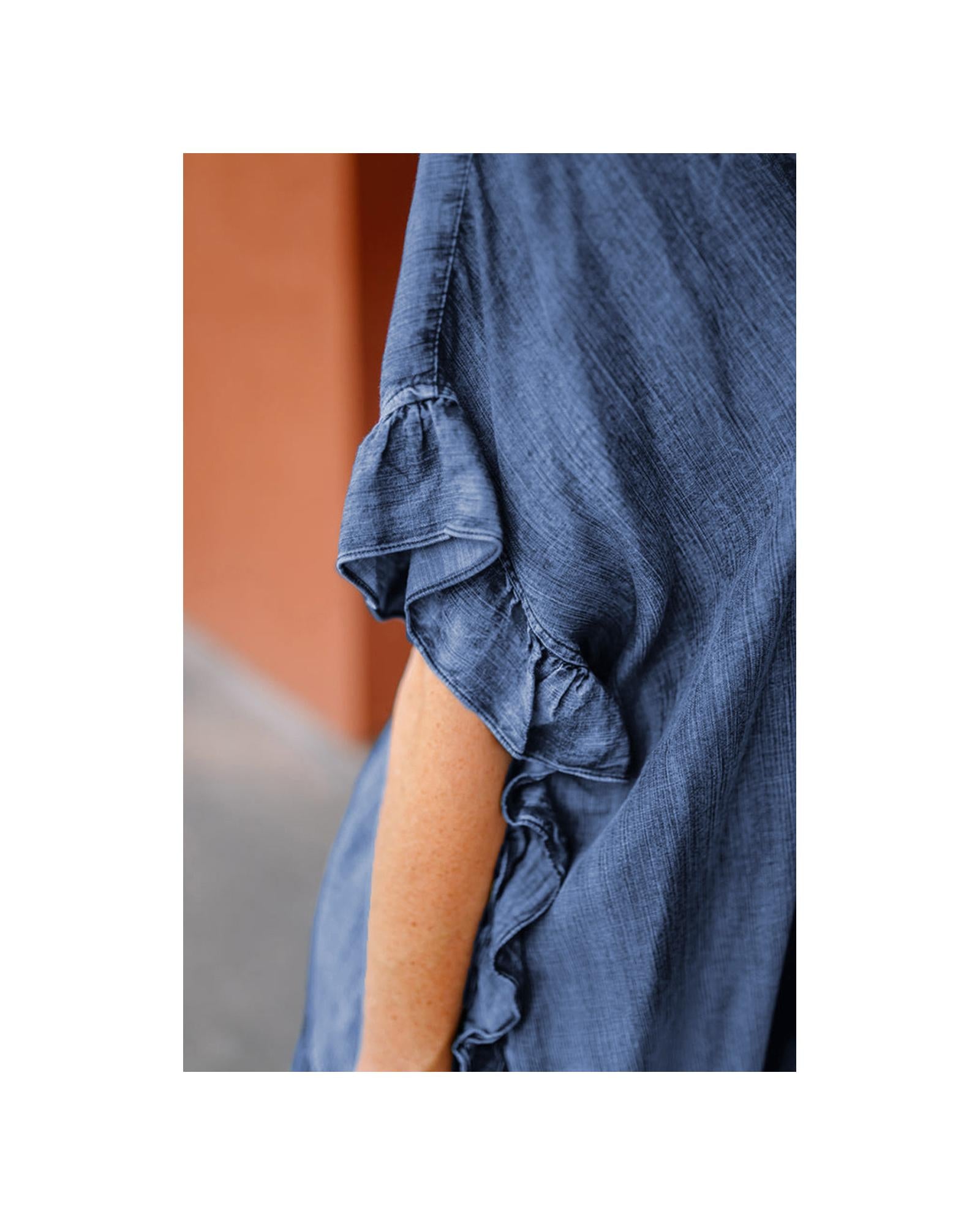 Dusk Blue Chambray Ruffle Hem Half Sleeve Open Loose Kimono - M