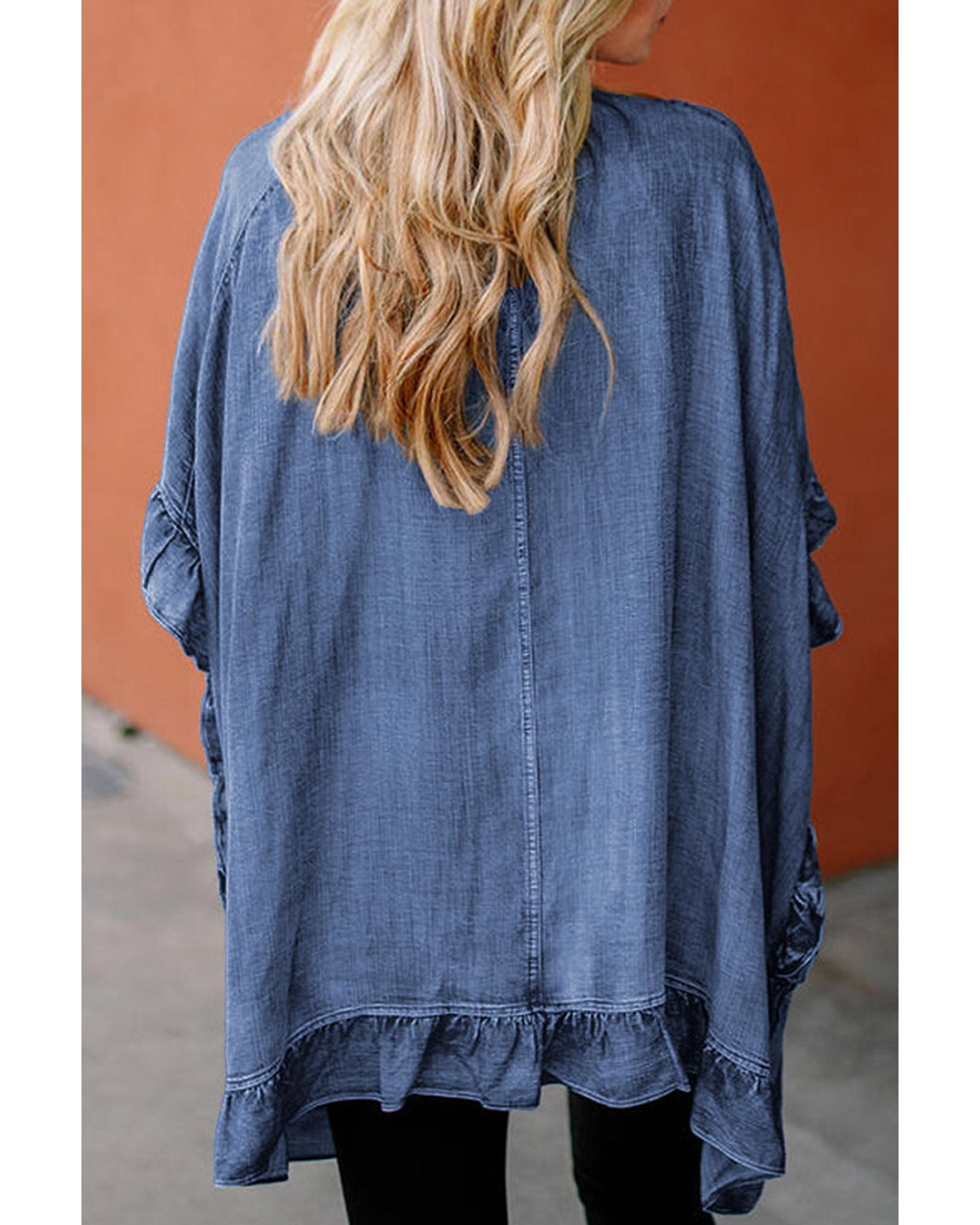 Dusk Blue Chambray Ruffle Hem Half Sleeve Open Loose Kimono - M 3