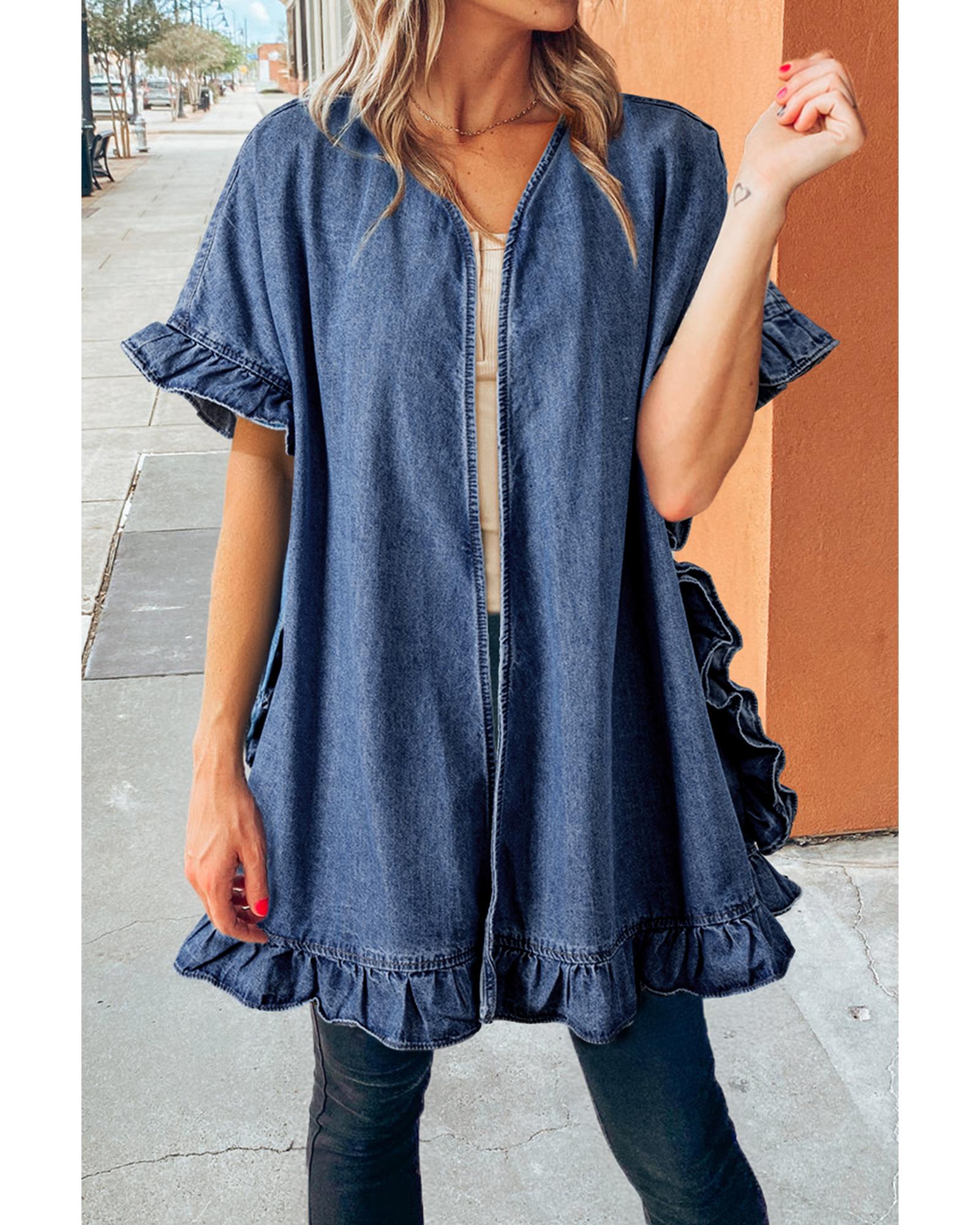 Dusk Blue Chambray Ruffle Hem Half Sleeve Open Loose Kimono - M 4
