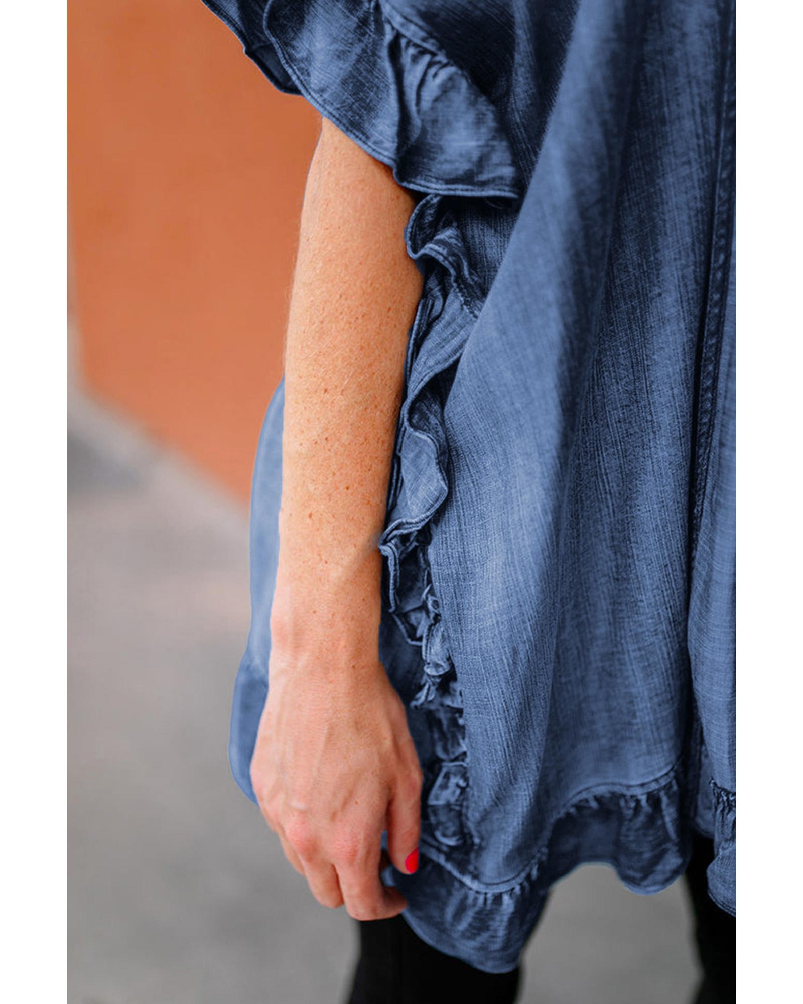 Dusk Blue Chambray Ruffle Hem Half Sleeve Open Loose Kimono - S