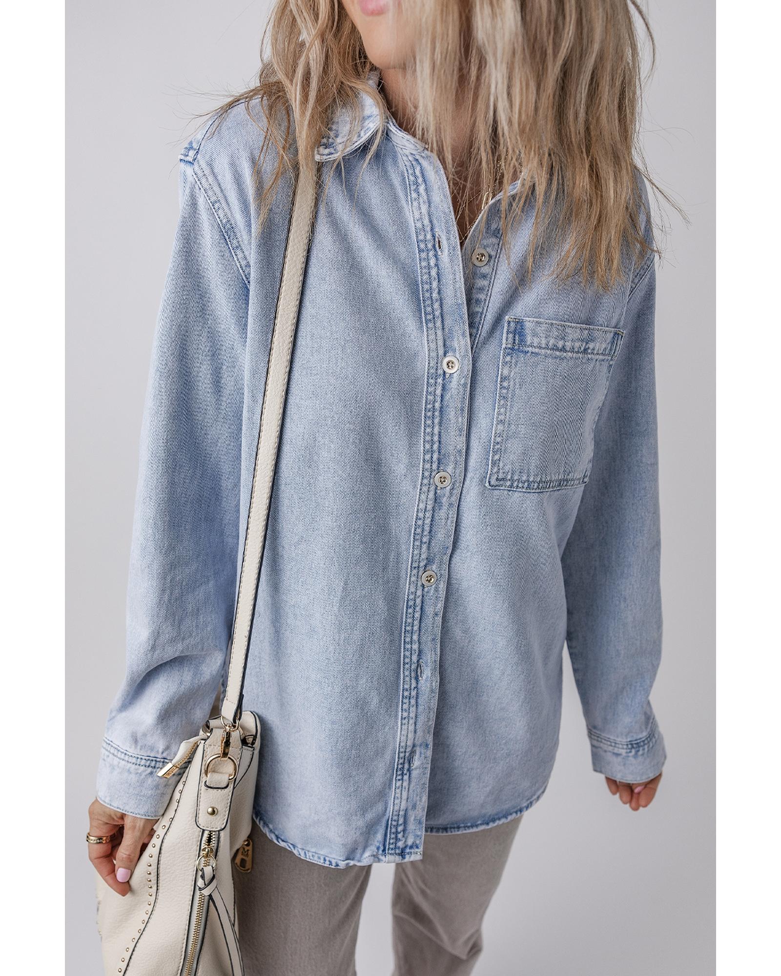 Beau Blue Long Sleeve Buttoned Chest Pocket Denim Shacket - L