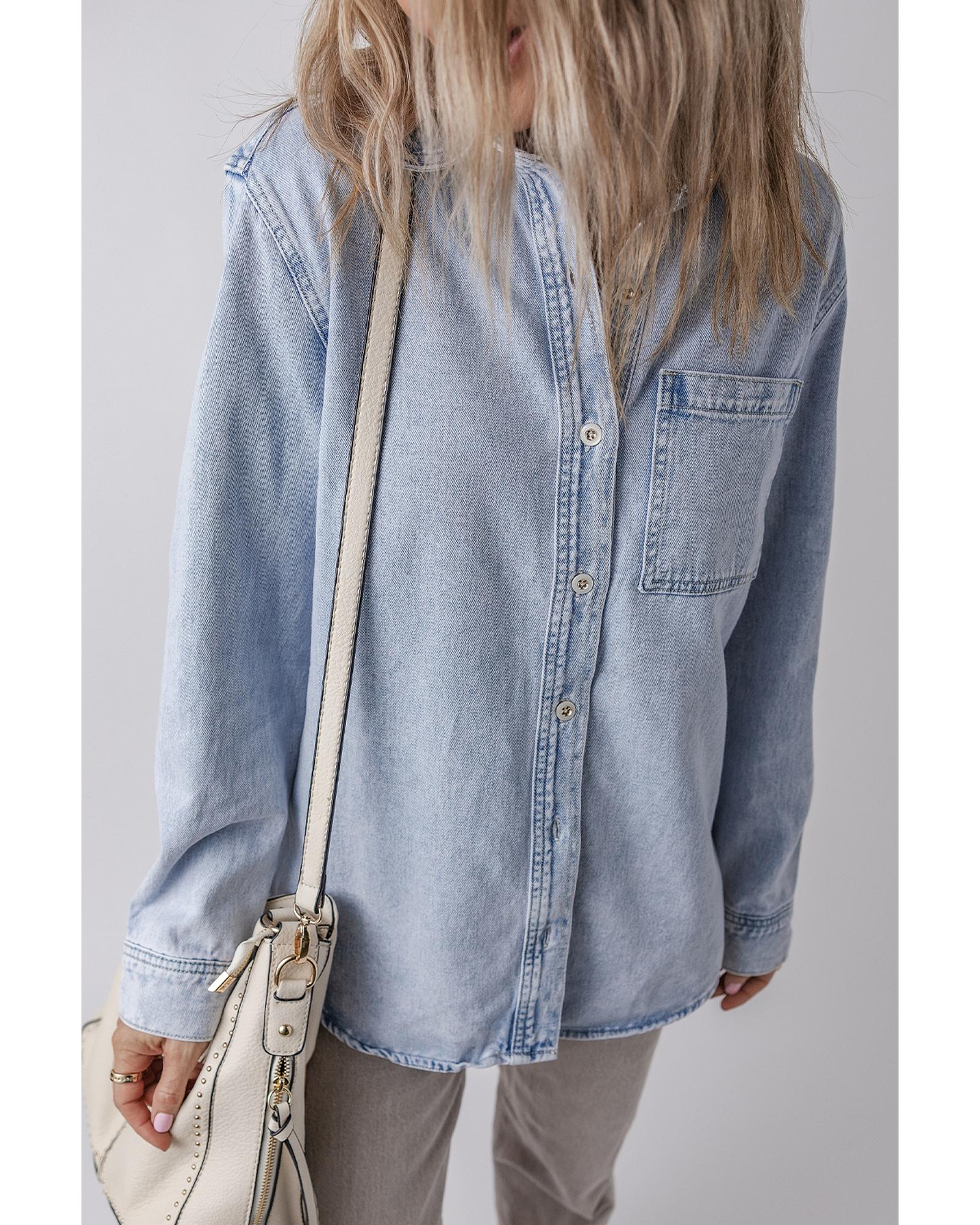 Beau Blue Long Sleeve Buttoned Chest Pocket Denim Shacket - L 4