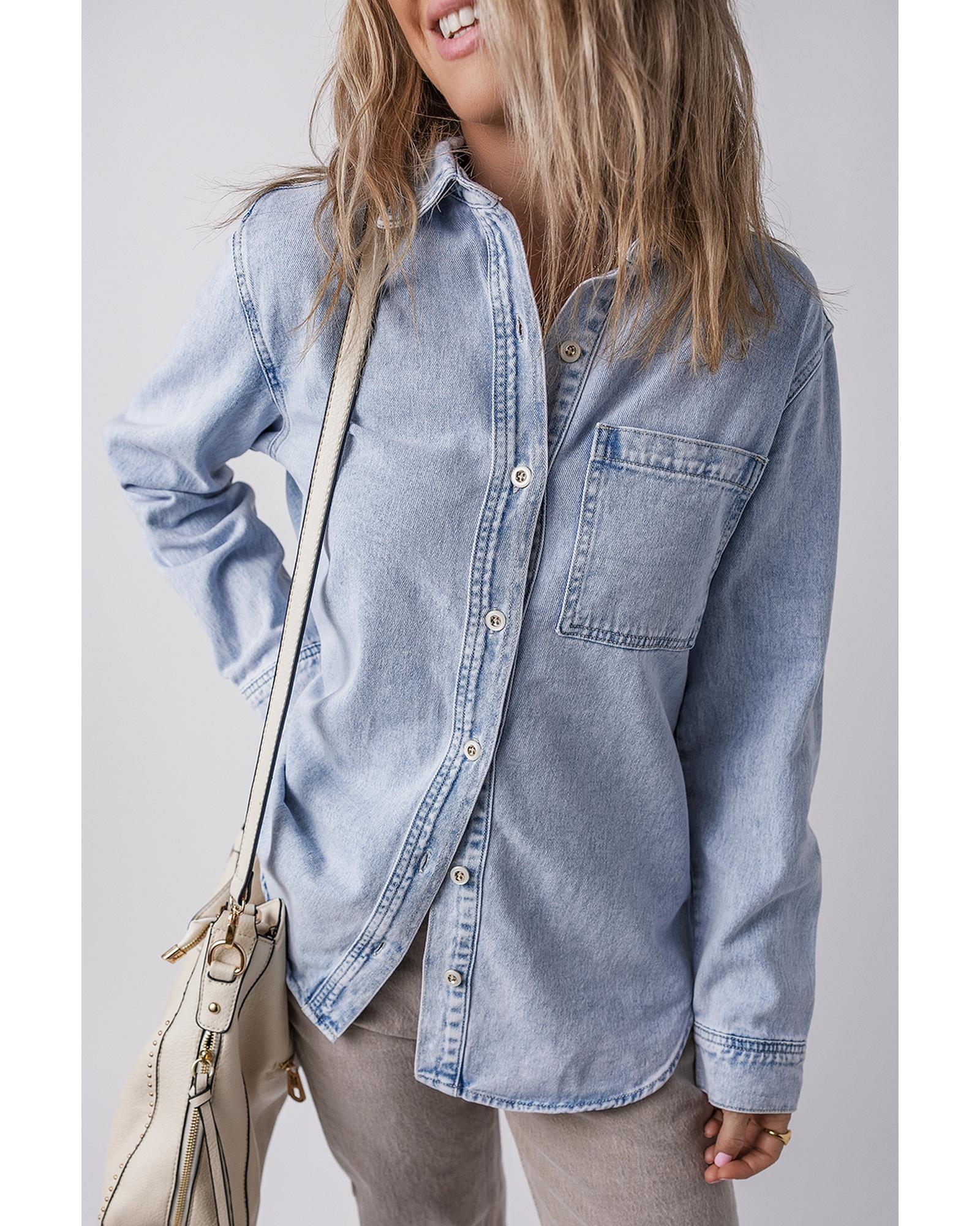 Beau Blue Long Sleeve Buttoned Chest Pocket Denim Shacket - XL 6