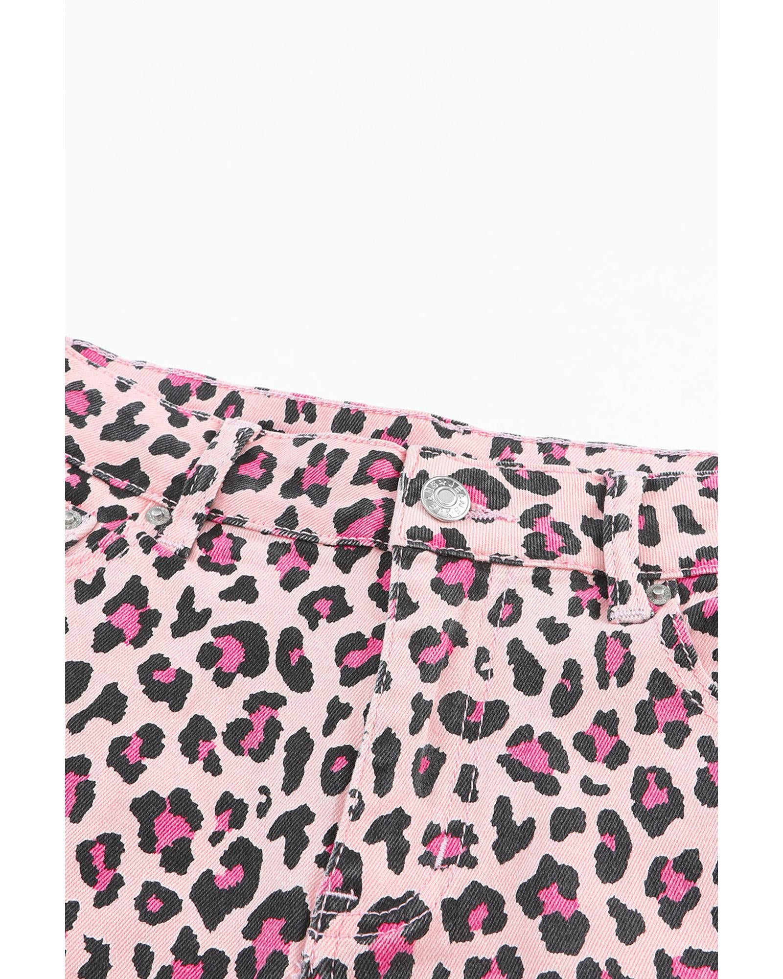 Pink Leopard Print Raw Hem Denim Shorts - 14 US 6