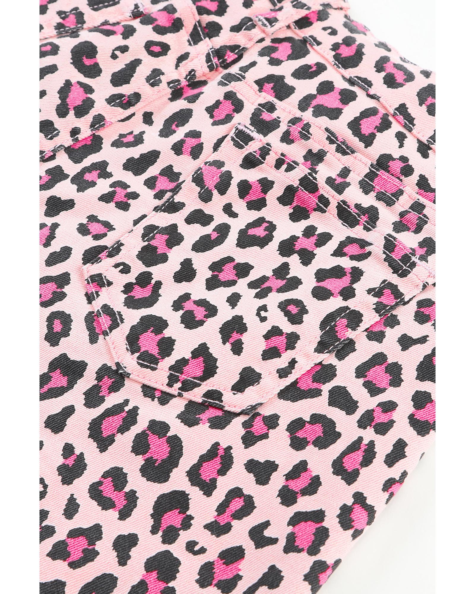 Pink Leopard Print Raw Hem Denim Shorts - 8 US