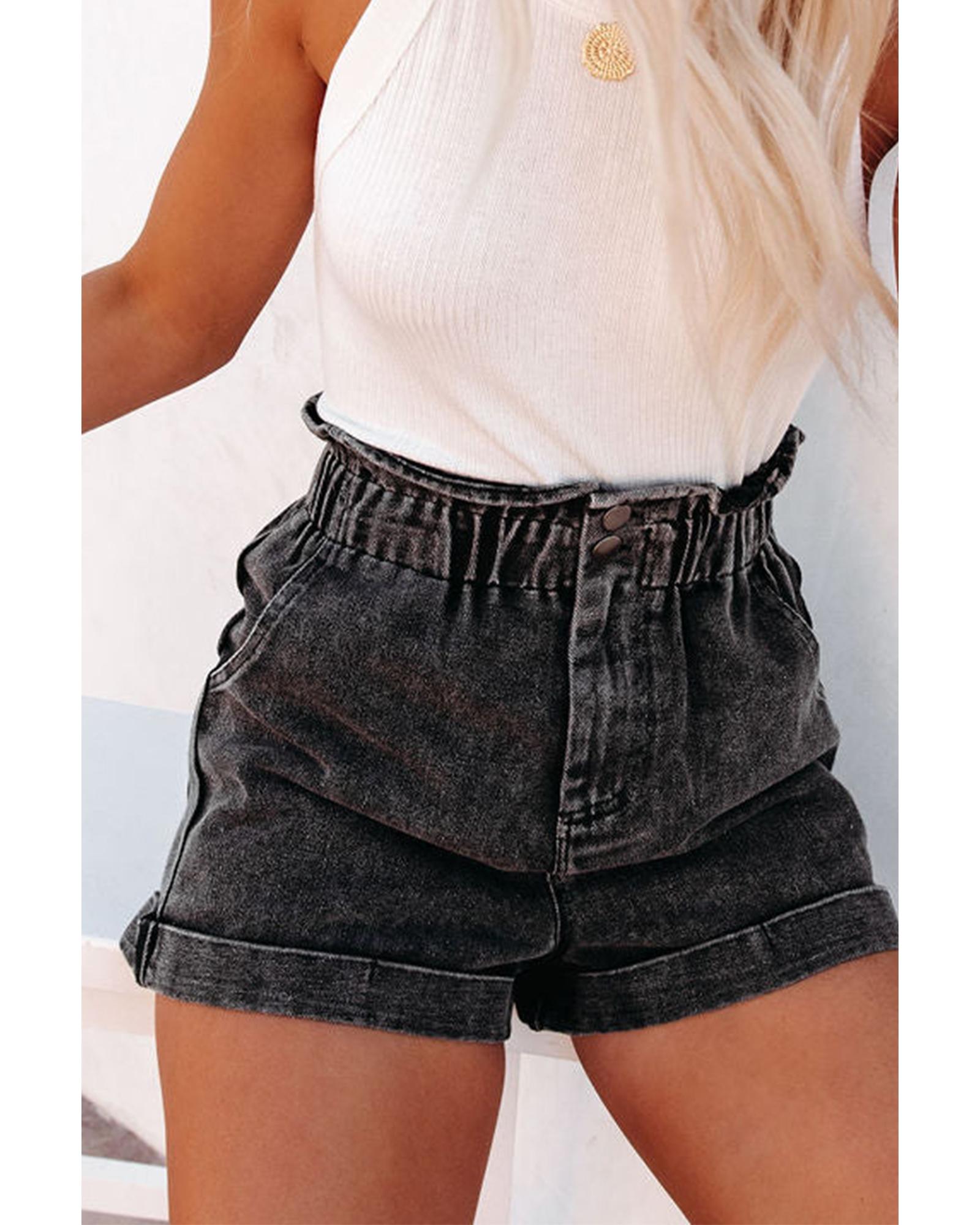 Black Vintage Washed Frilled High Waist Denim Shorts - 12 US 6